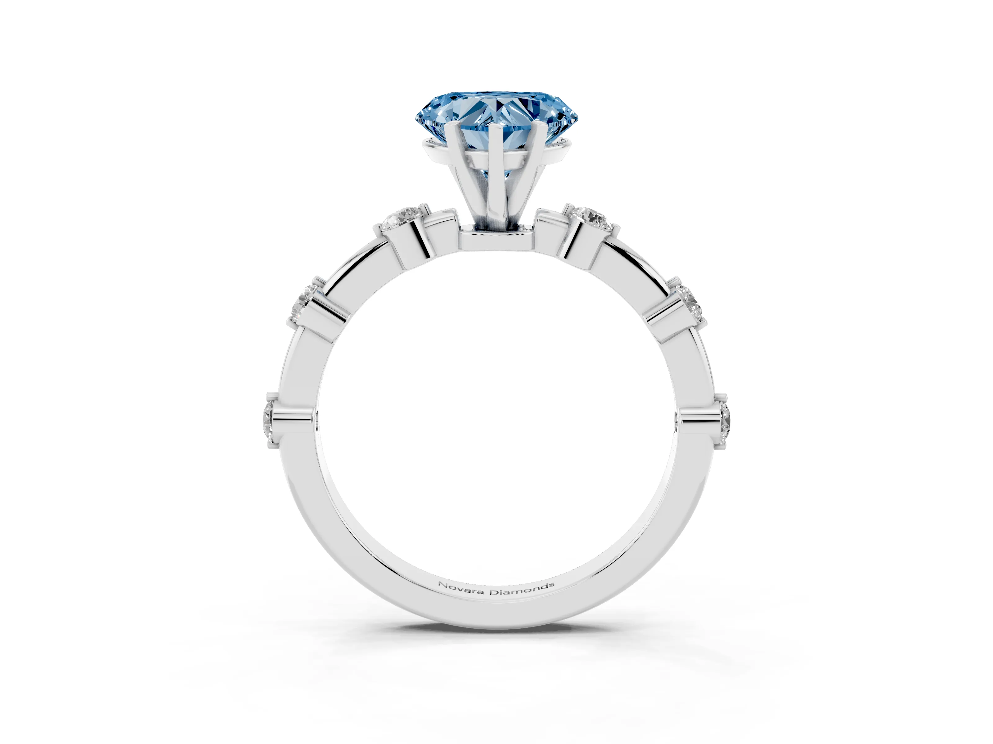 Fancy Blue Heart Cut Diamond Solitaire Ring Set in White gold with Bezel Set Side Stones and Prong Setting