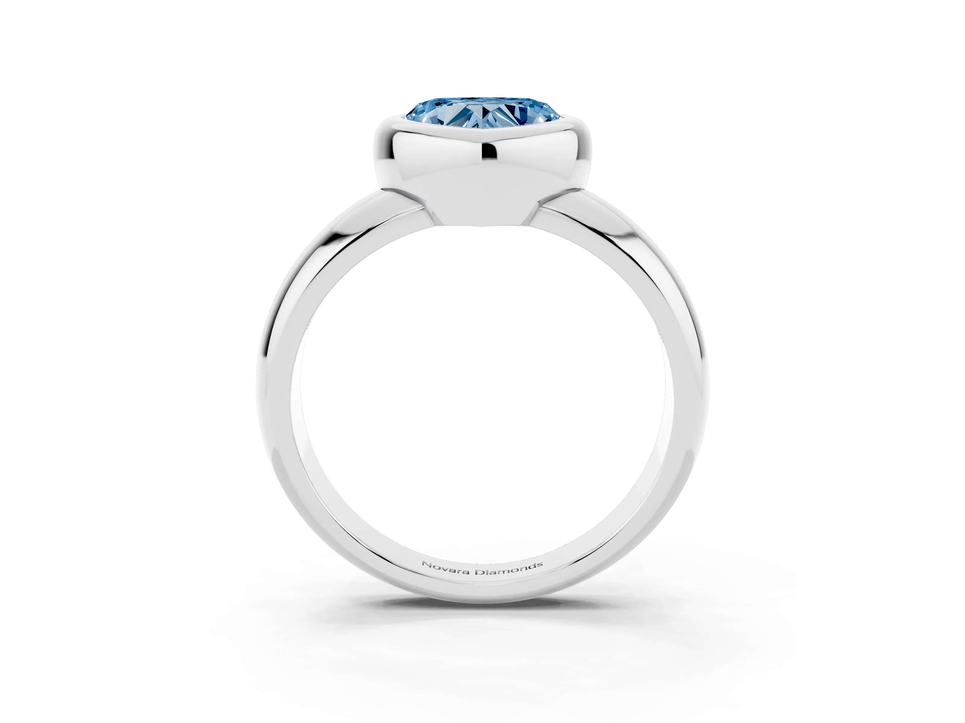Fancy Blue Bezel Set Heart Cut Diamond Solitaire Ring Set in White gold with Wide Band