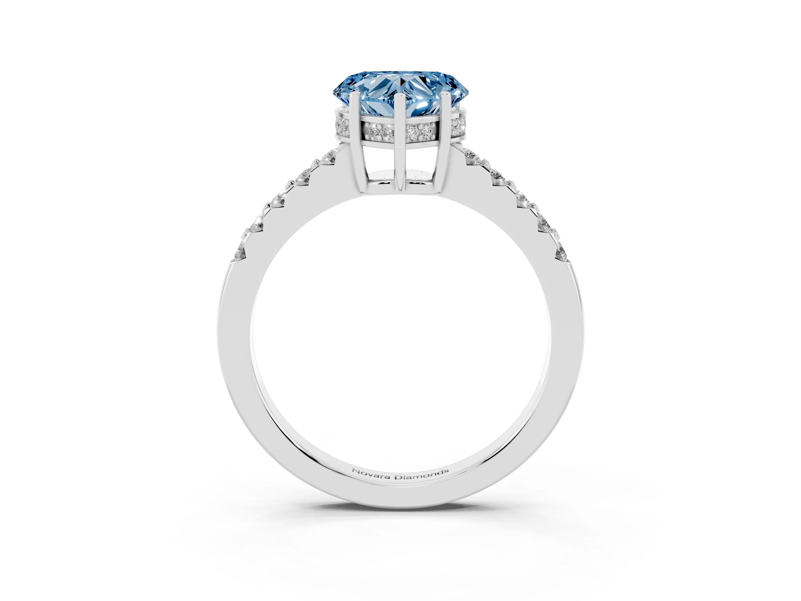 Fancy Blue Heart Cut Diamond Solitaire Engagement Ring Set in White gold with Pavé Band and Prong Setting