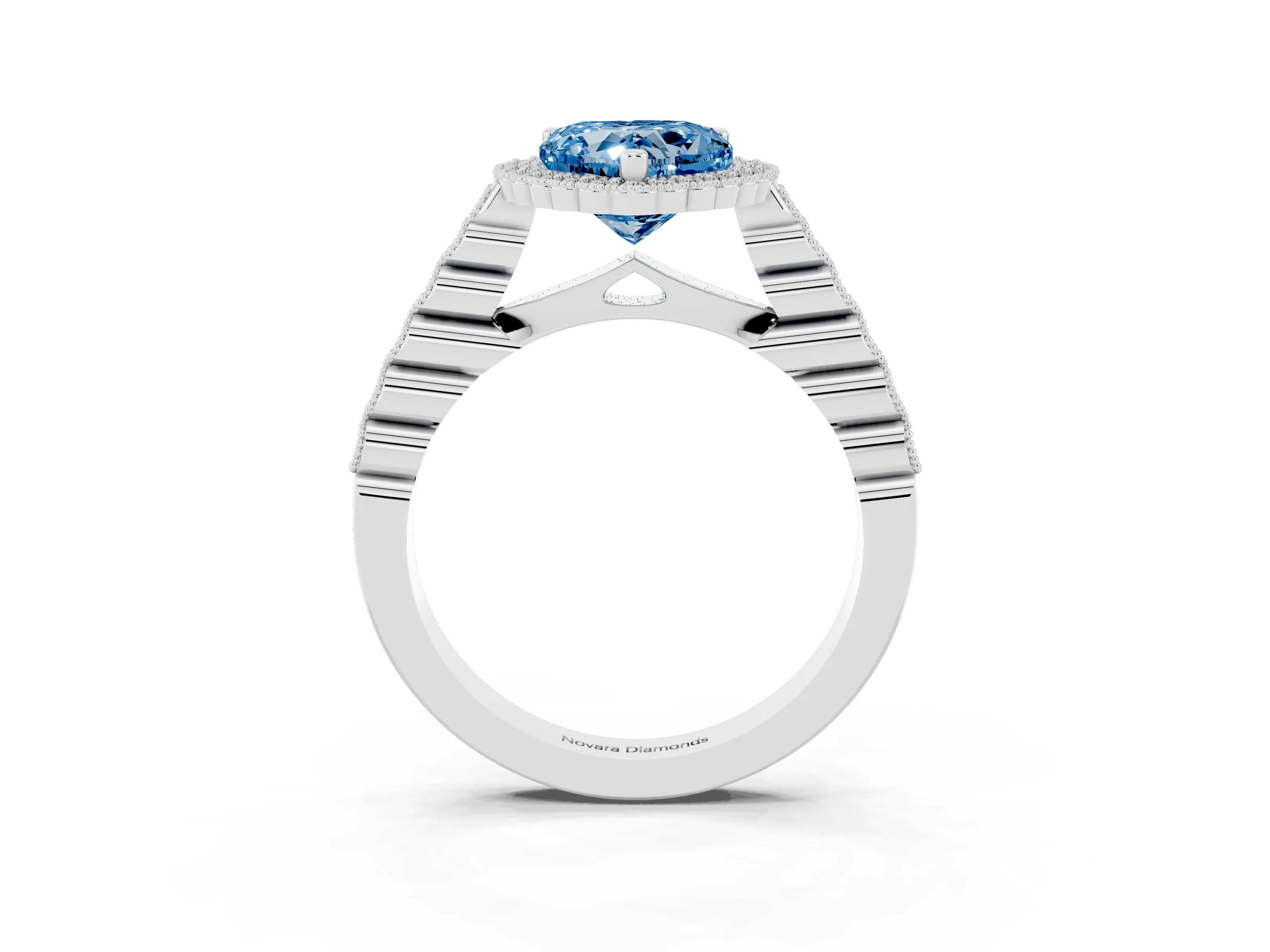 Fancy Blue Heart Cut Diamond Halo Ring Set in Platinum with Pavé Milgrain Band