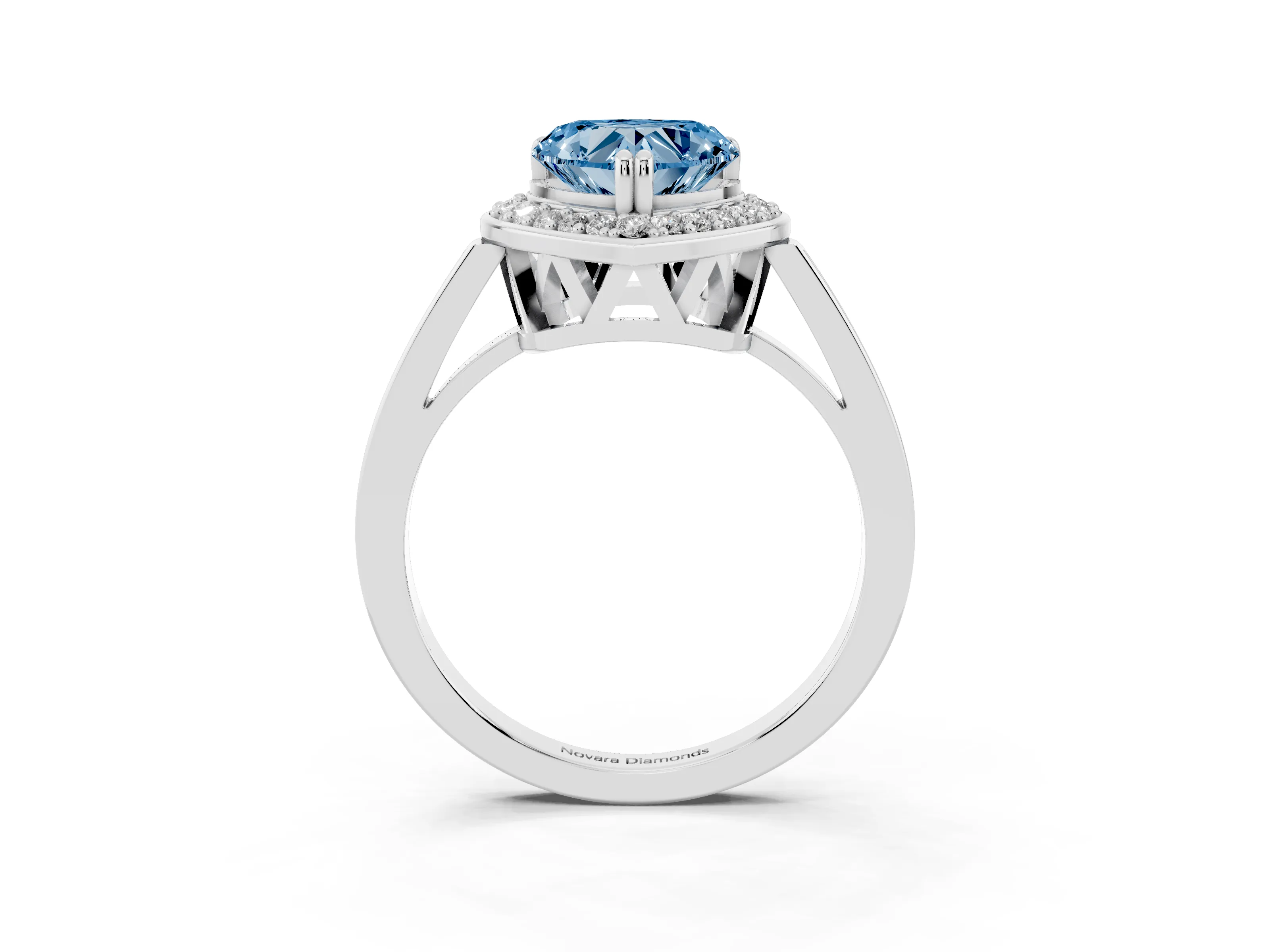 Fancy Blue Heart Cut Diamond Halo Ring Set in Platinum with Accent-Lined Split Shank and Prong Setting