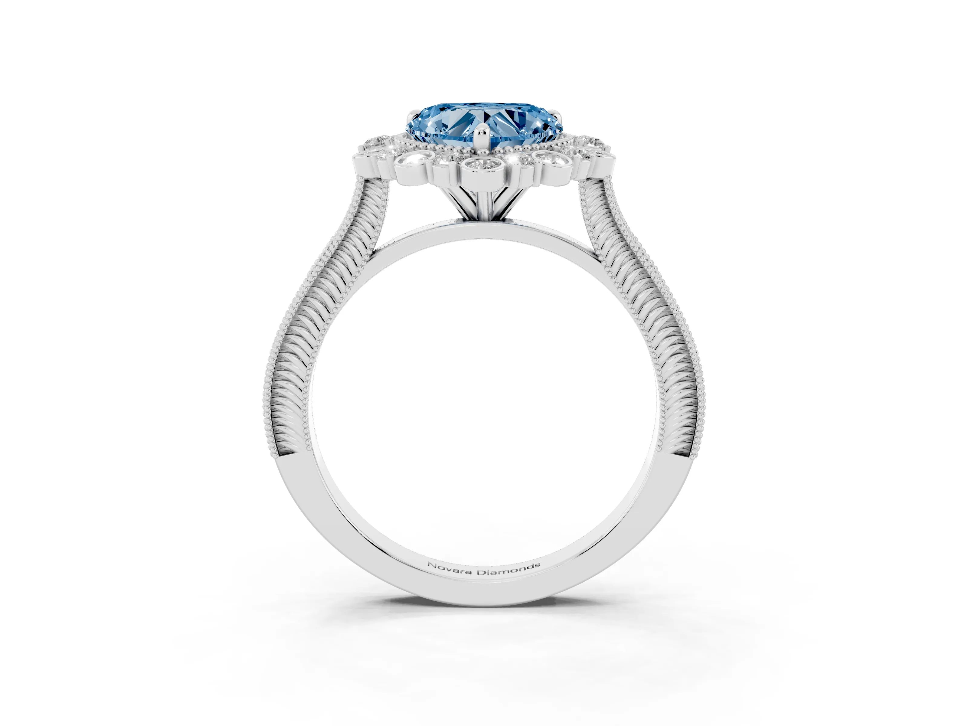 Fancy Blue Heart Cut Diamond Halo Milgrain Pavé Ring Set in White gold with Prong Setting