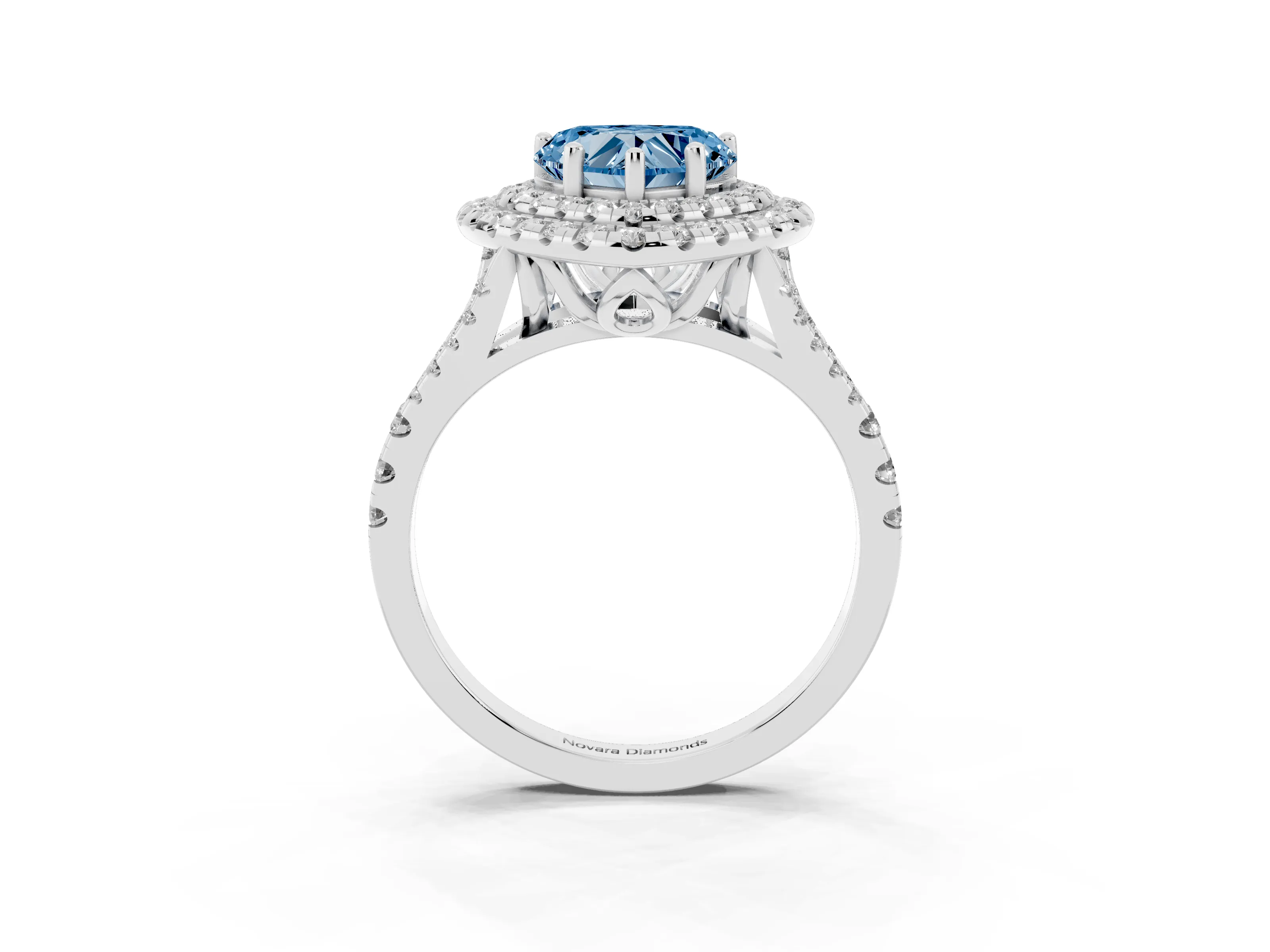 Fancy Blue Heart Cut Diamond Double Halo Ring Set in Silver with Pavé Split Shank and Prong Setting