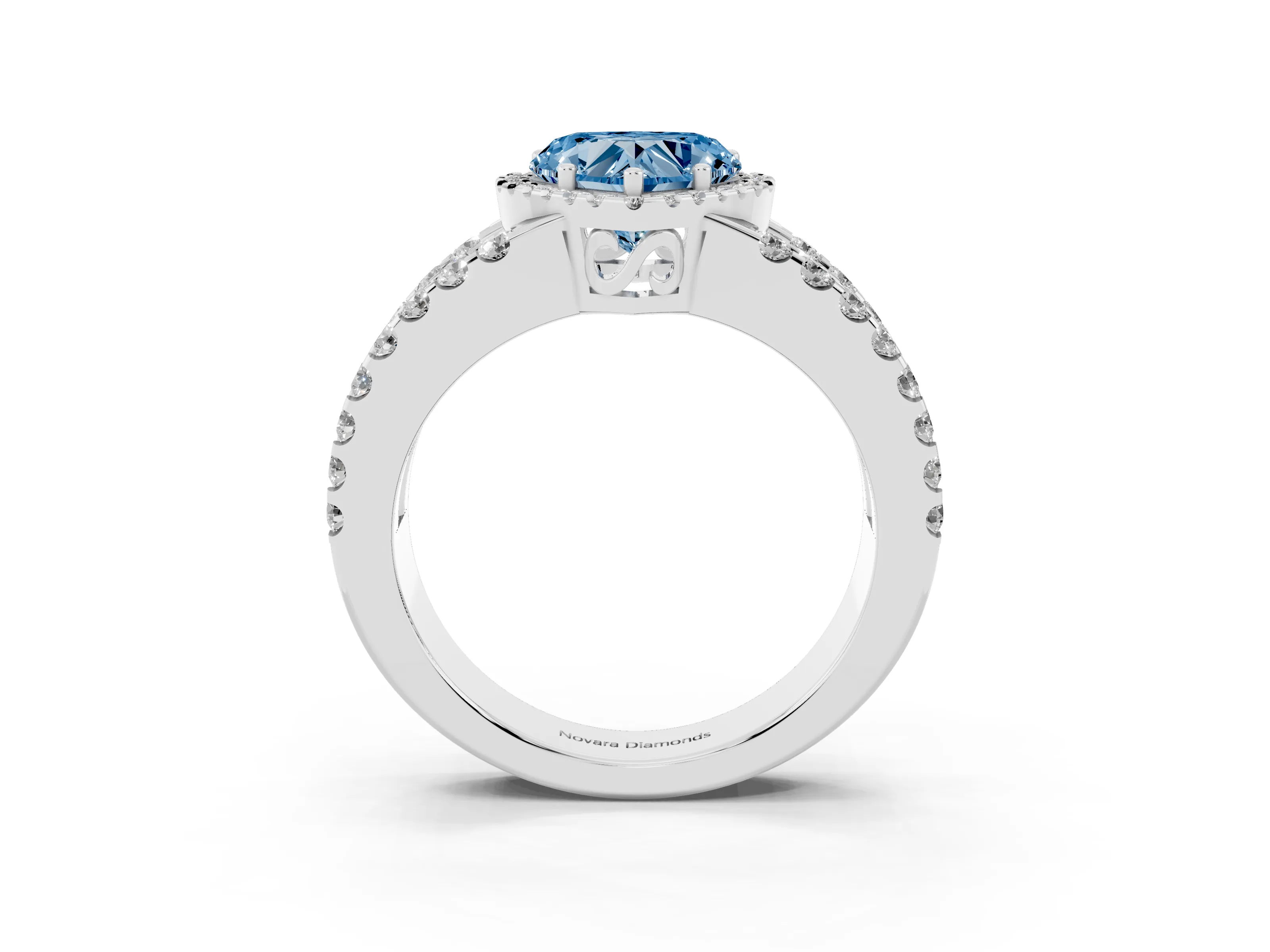 Fancy Blue Heart Cut Diamond Halo Ring Set in Silver with Pavé Split Shank and Prong Setting