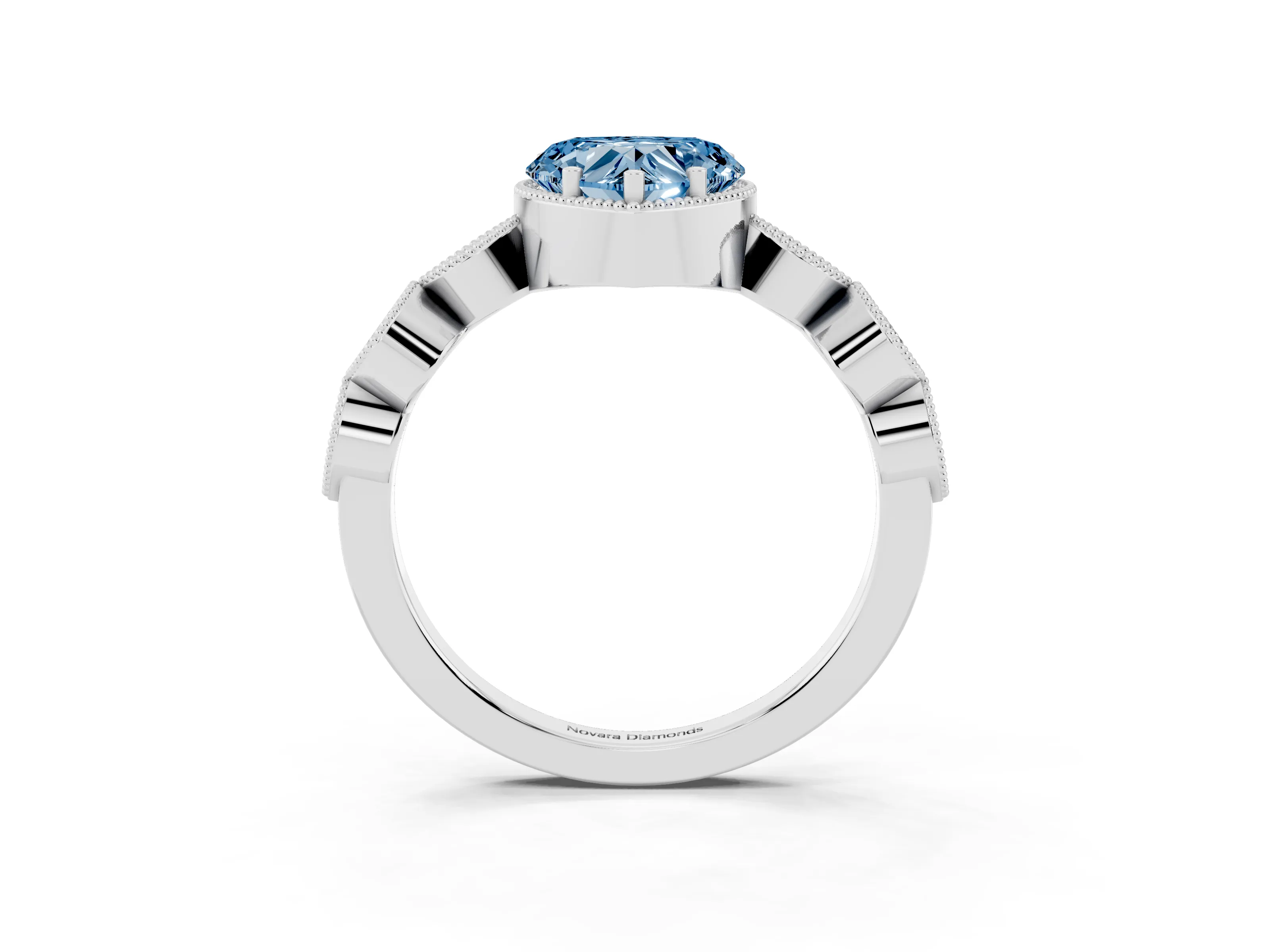 Fancy Blue Heart Cut Diamond Vintage-Inspired Milgrain Ring Set in White gold with Marquise Stations of Round Accents