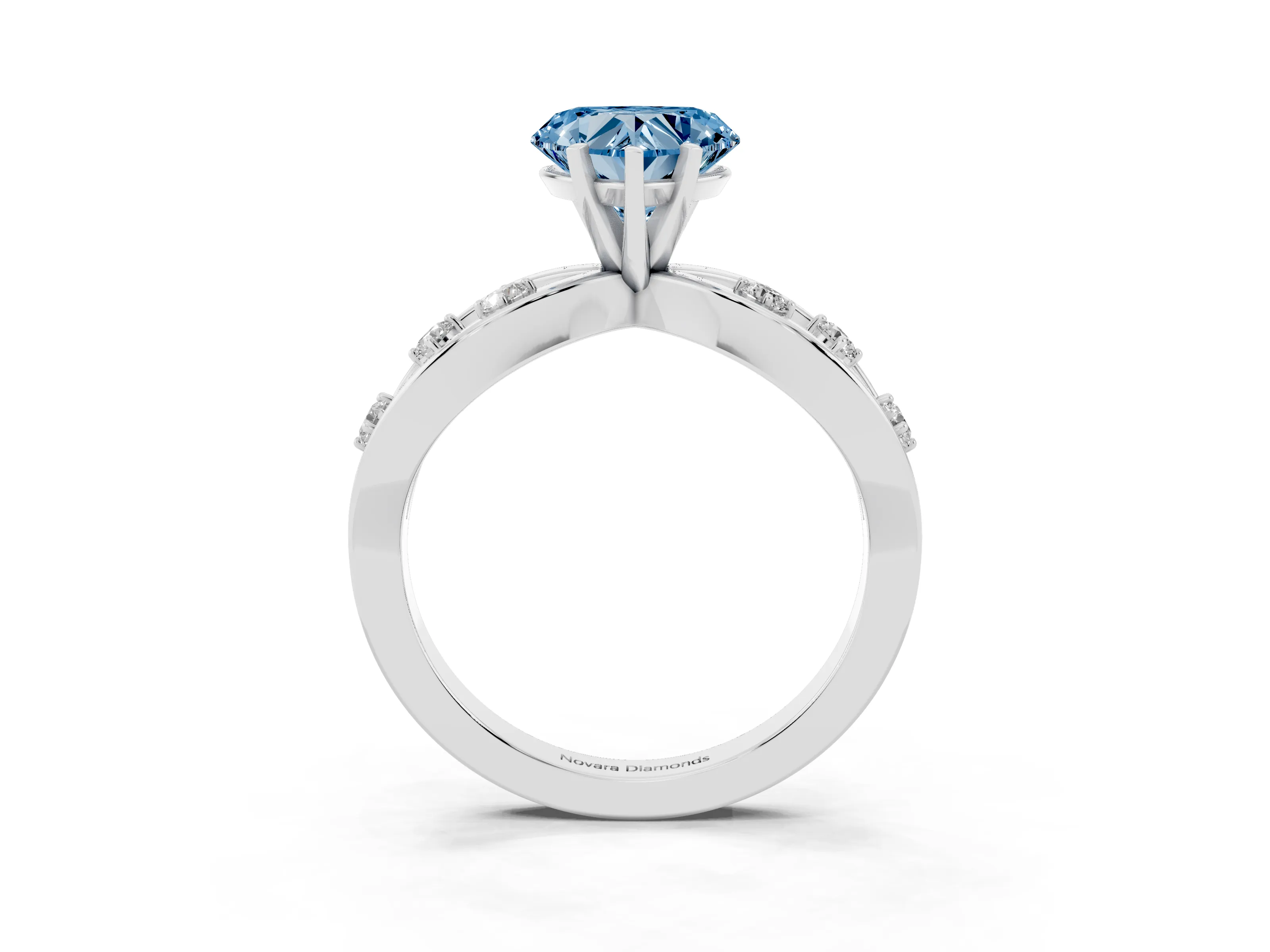 Fancy Blue Heart Cut Diamond Solitaire Ring Set in Platinum with Side Stones on Criss-Cross Band and Prong Setting