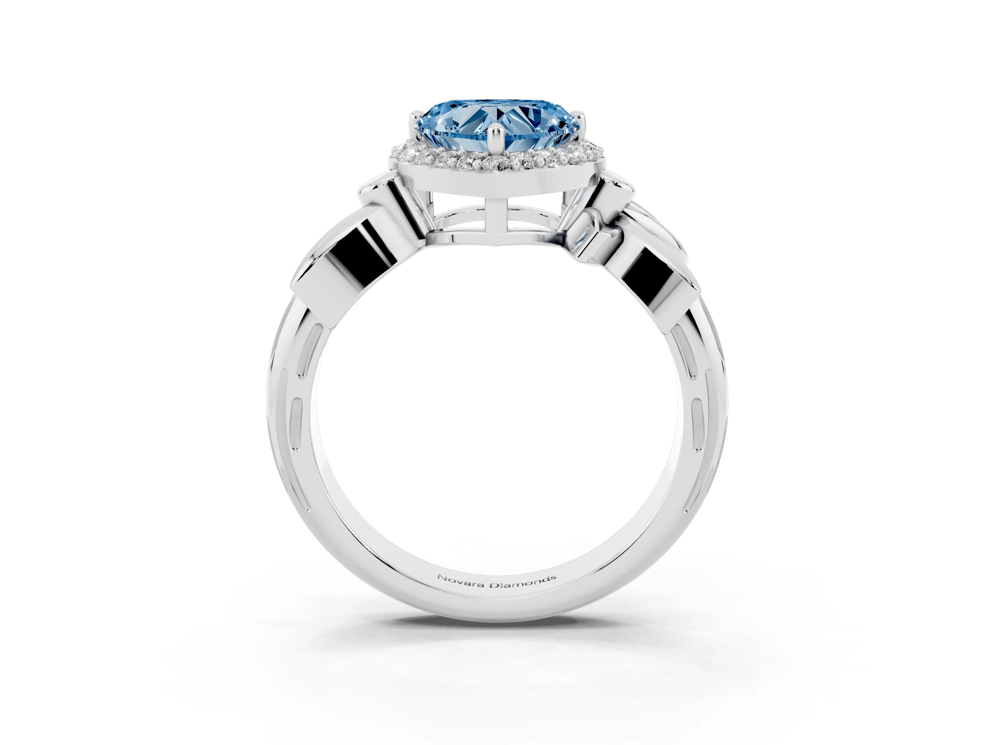 Fancy Blue Heart Cut Diamond Halo Floral Band Ring Set in Silver with Prong Setting