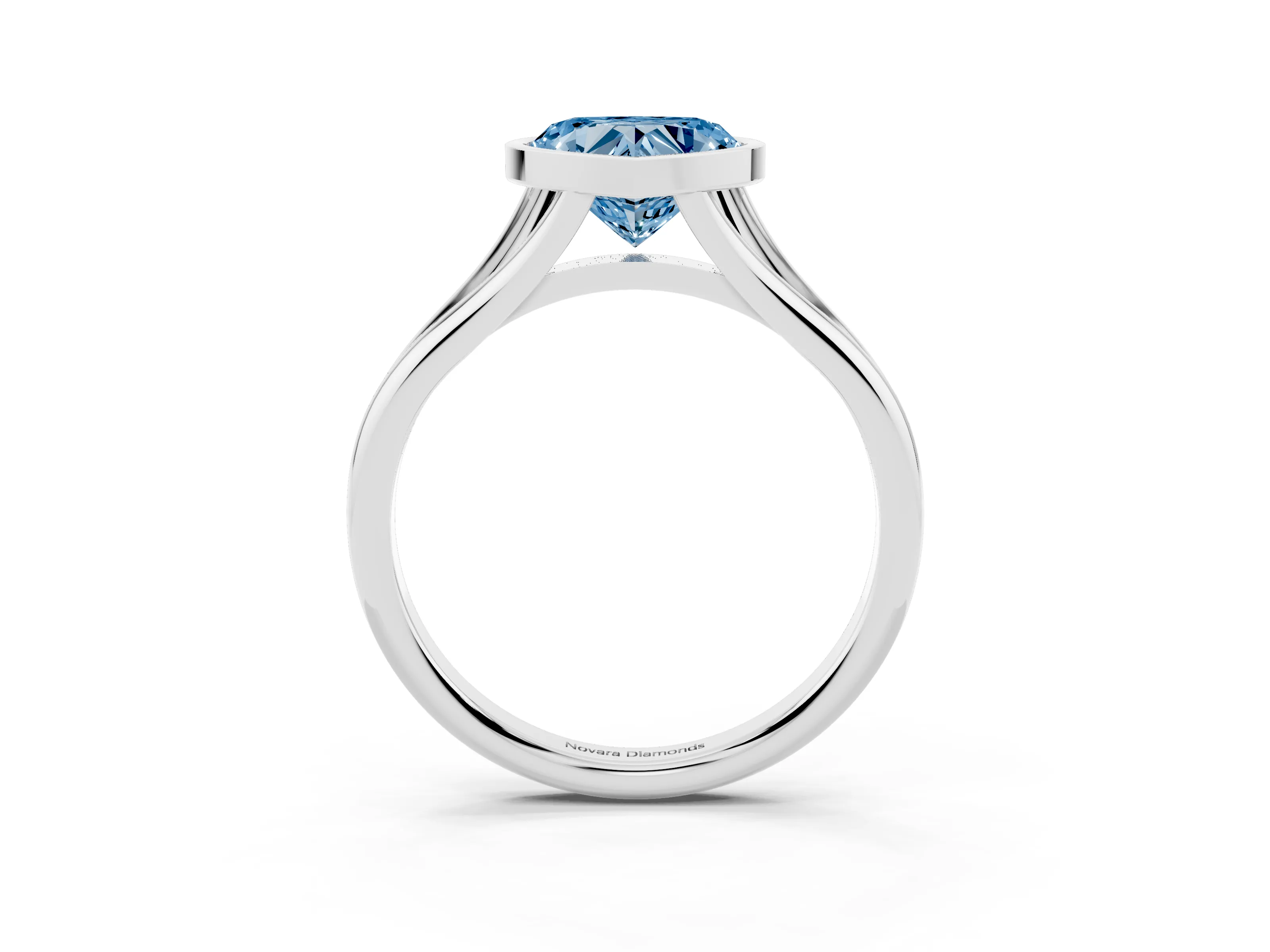 Fancy Blue Bezel Set Heart Cut Diamond Solitaire Ring Set in Platinum with Tapered Band