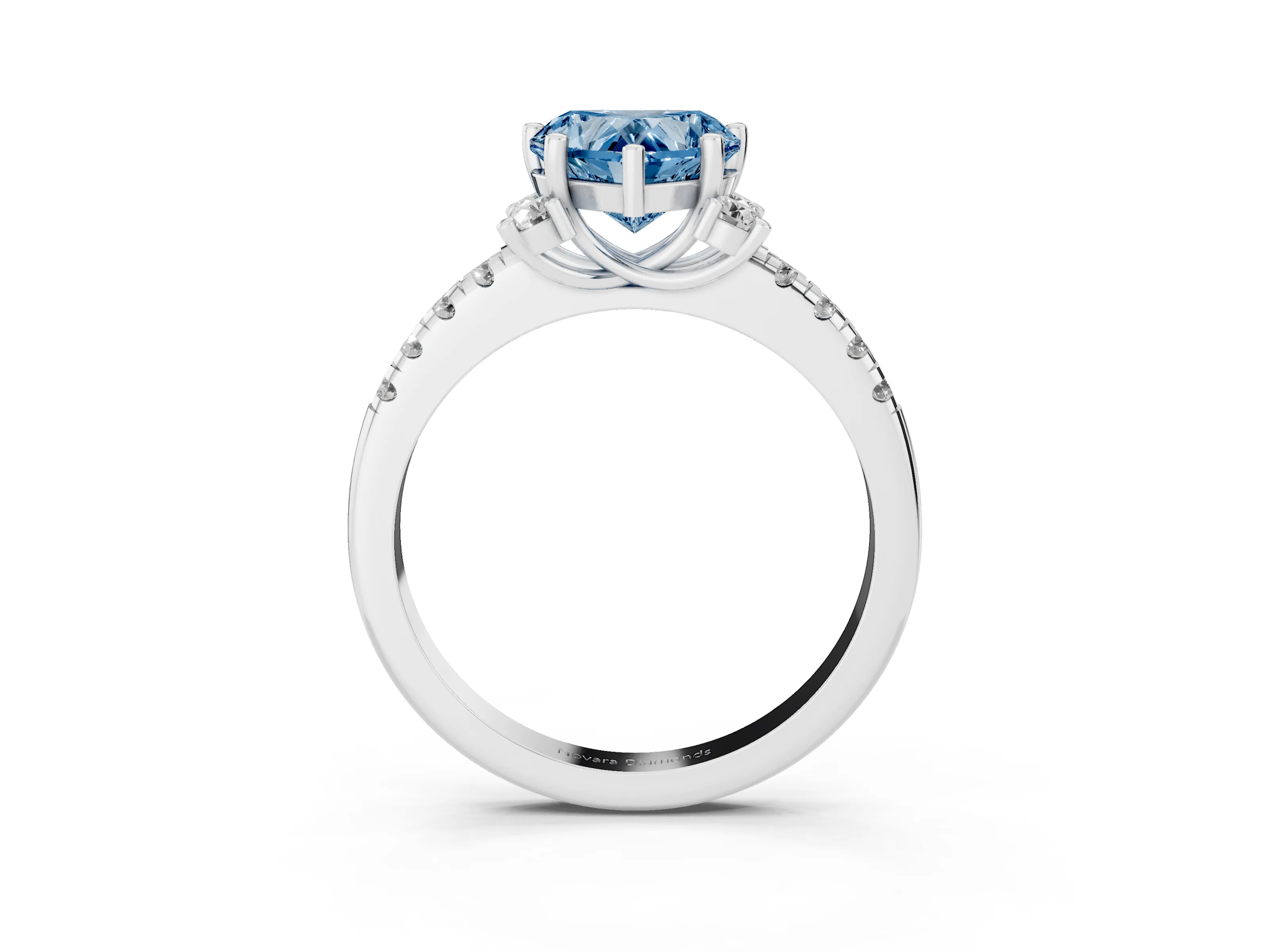 Fancy Blue Heart Cut Diamond Three-Stone Pavé Ring Set in Silver with Prong Setting