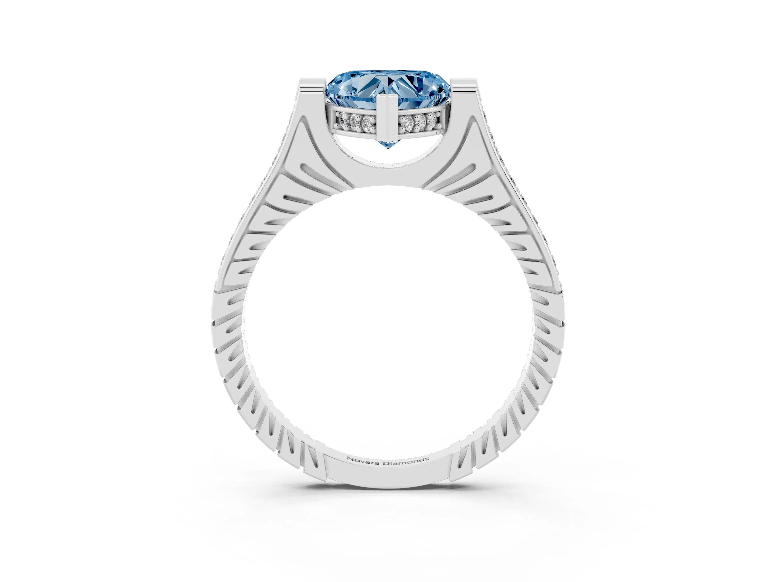 Fancy Blue Heart Cut Diamond Solitaire Ring Set in White gold with Channel Set Band and Bezel Prong Setting