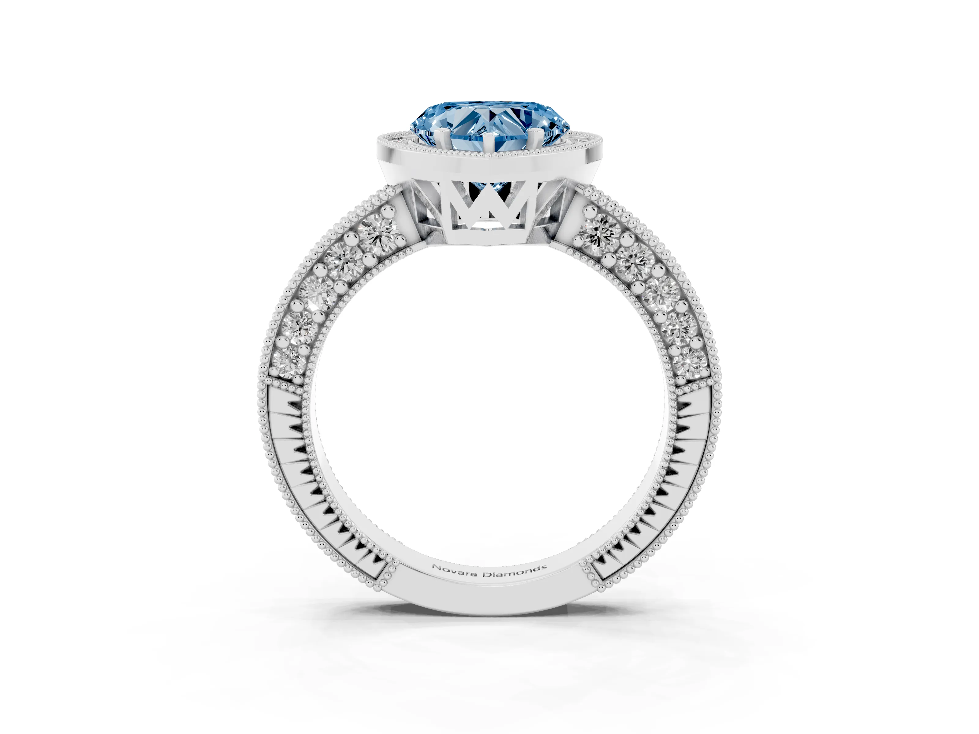 Fancy Blue Heart Cut Diamond Halo Pavé Band Ring Set in Platinum with Prong-Set Center