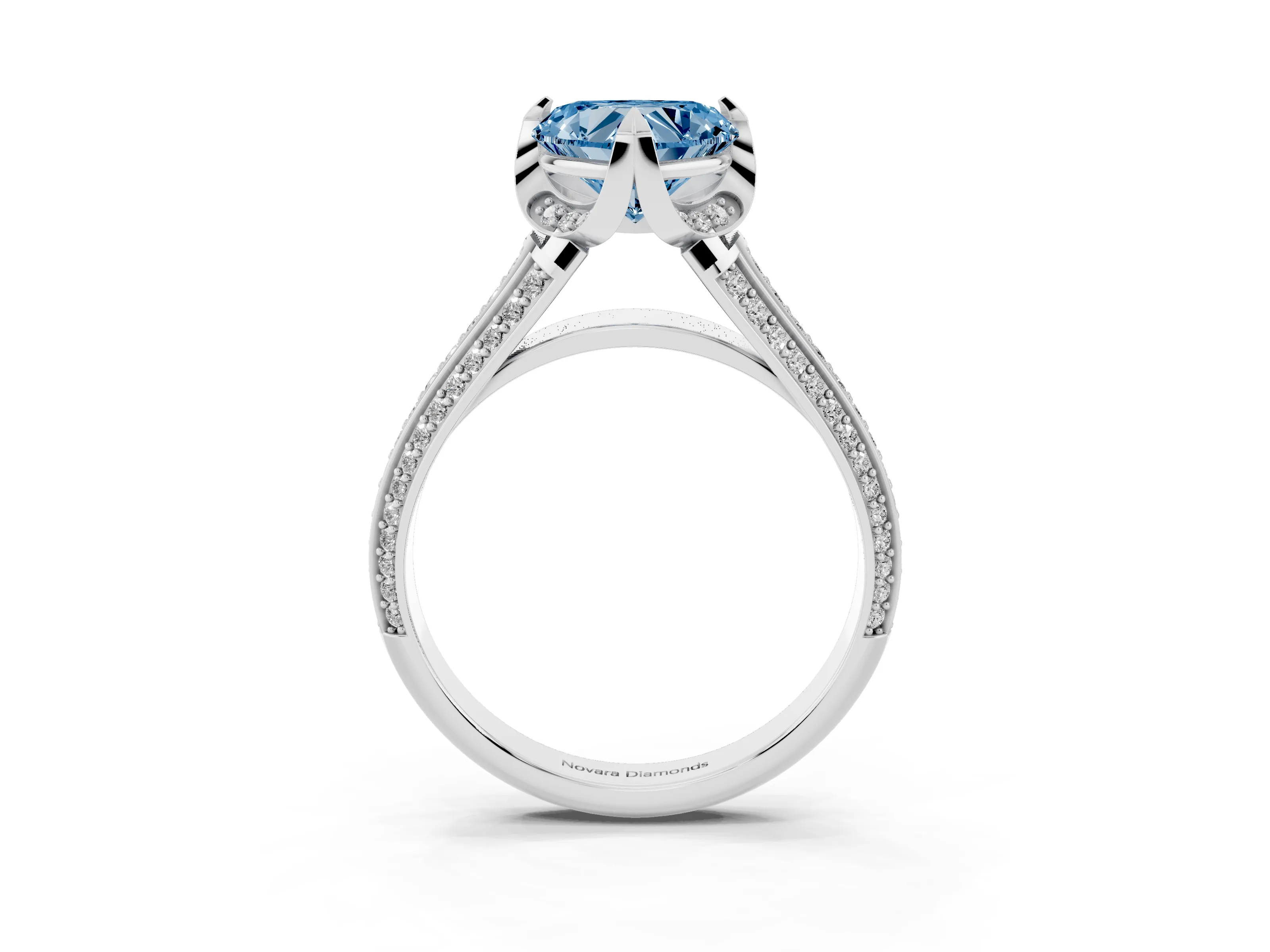 Fancy Blue Heart Cut Diamond Pavé Split Shank Solitaire Ring Set in Silver with Prong Setting