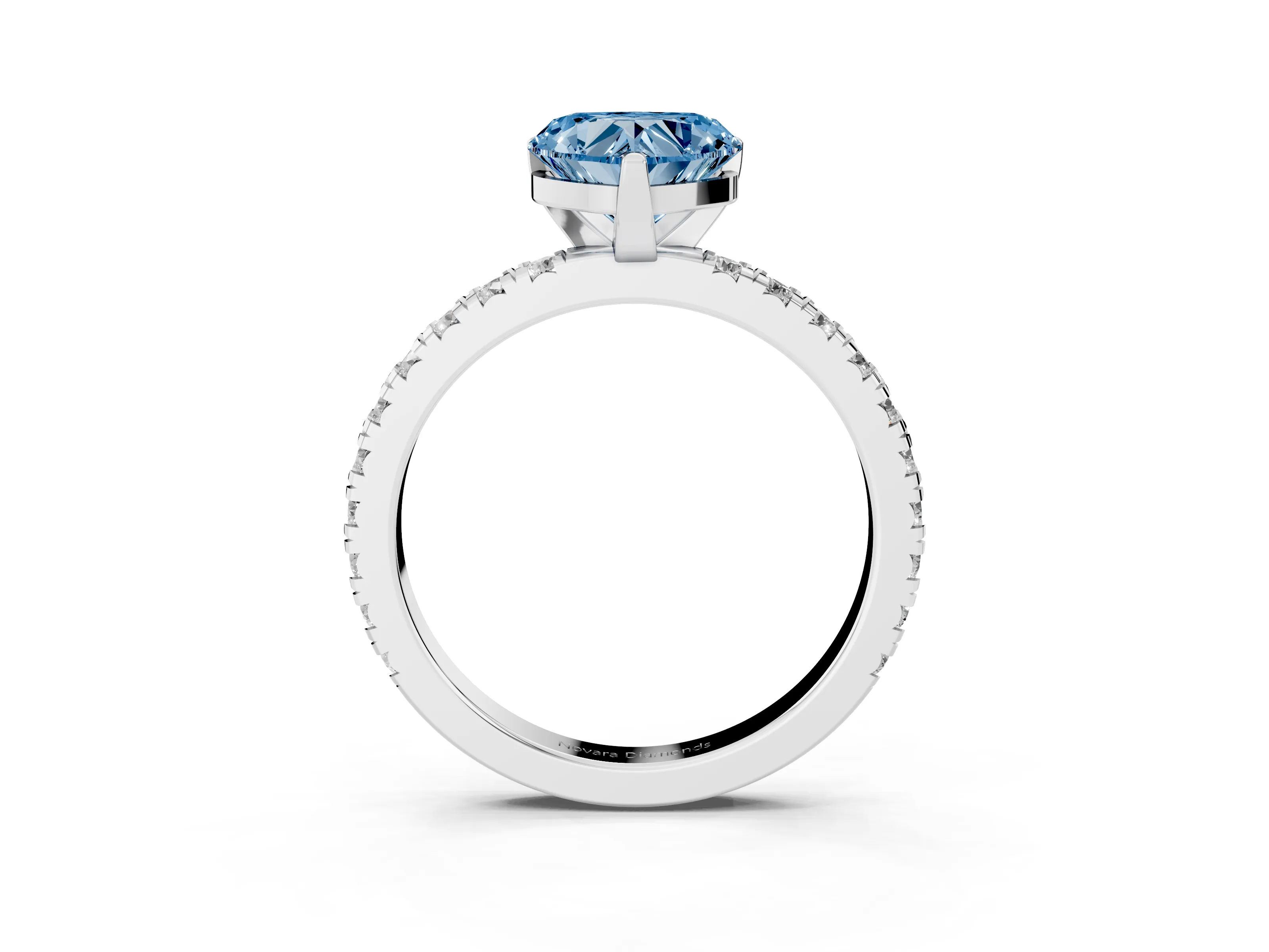 Fancy Blue Heart Cut Diamond Pavé Band Solitaire Set in White gold with Prong Setting