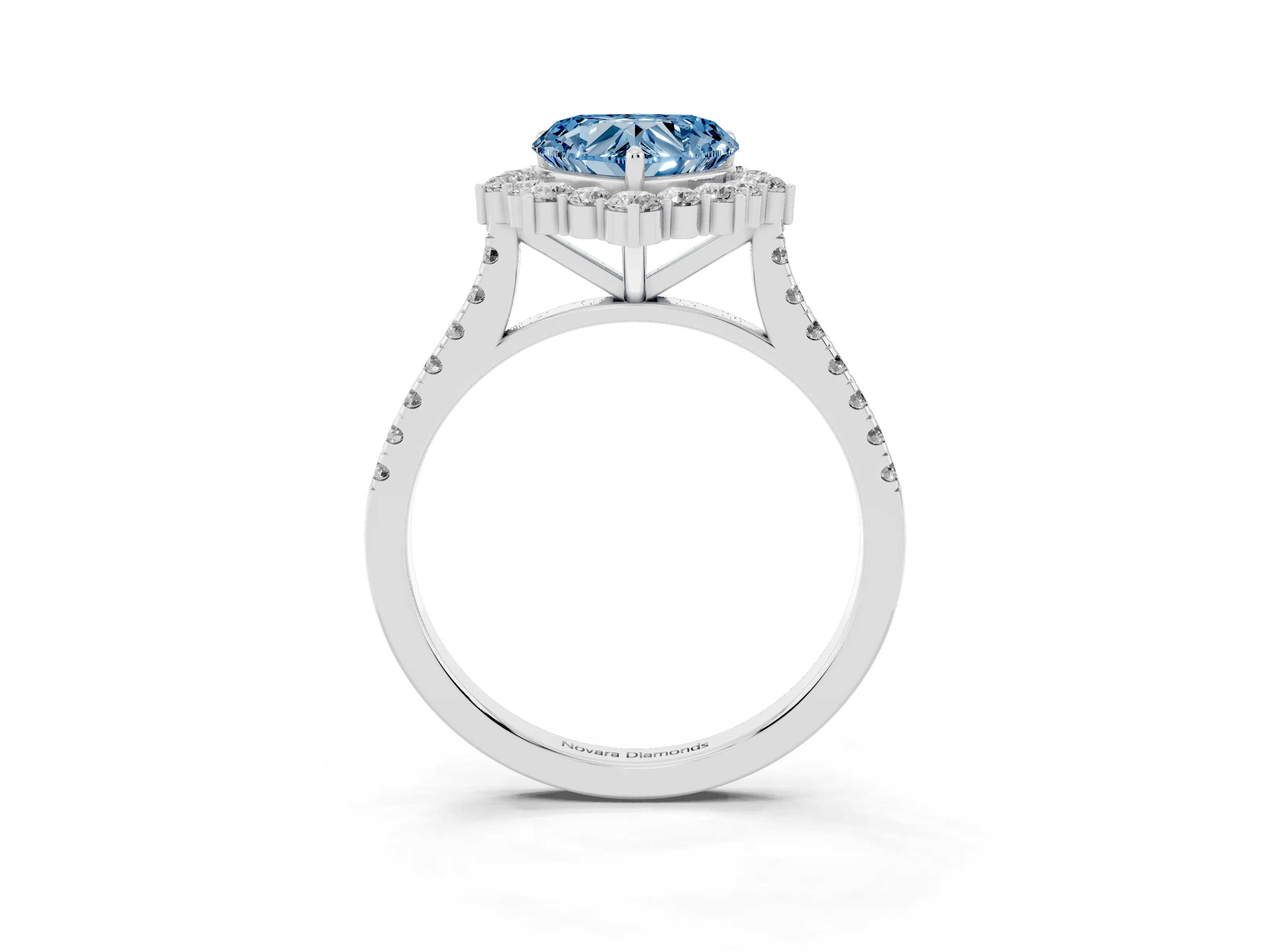 Fancy Blue Heart Cut Diamond Halo Ring Set in Silver with Pavé Band and Prong Setting