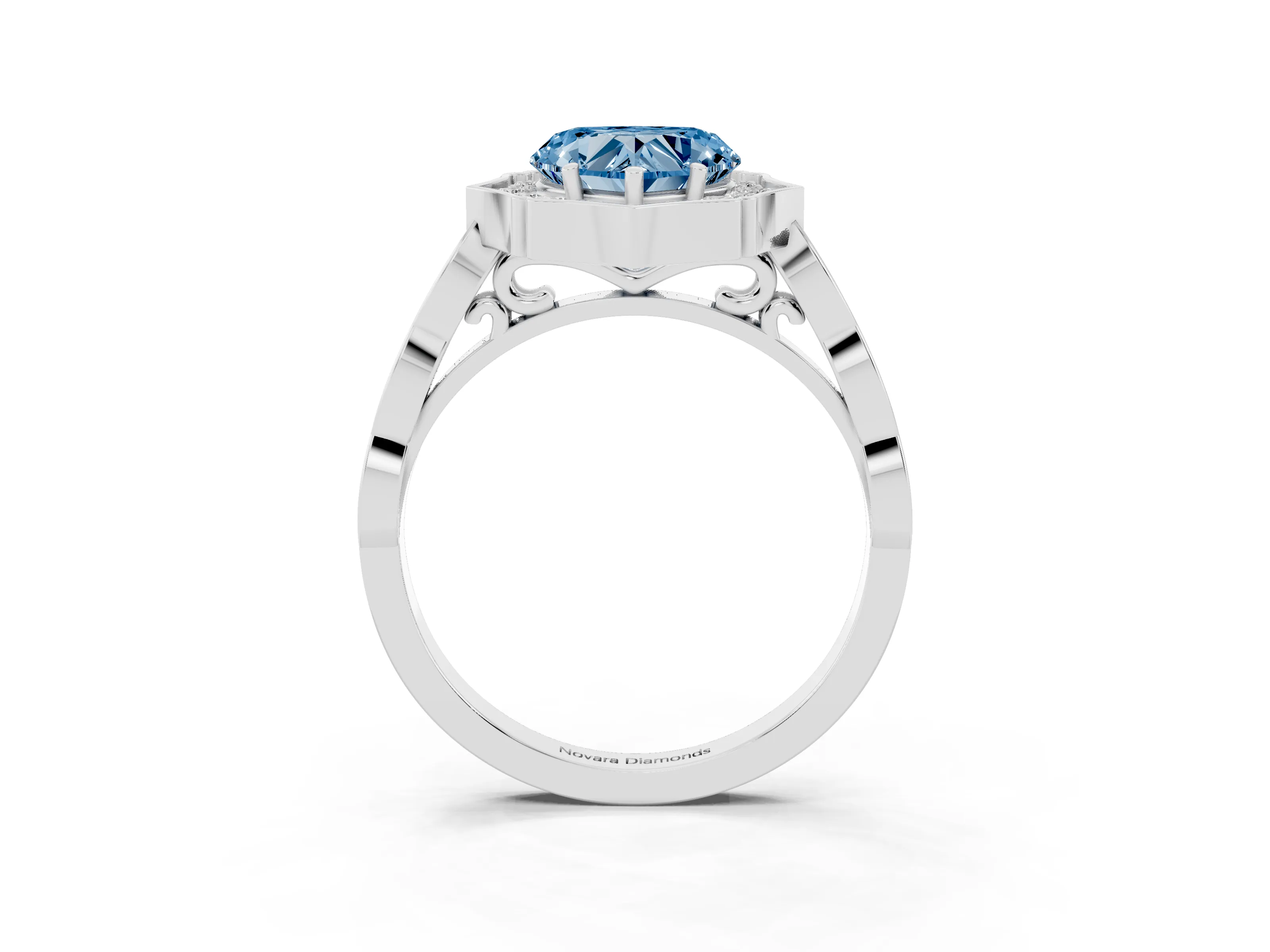 Fancy Blue Heart Cut Diamond Halo Engagement Ring Set in White gold with Milgrain Band and Prong Setting