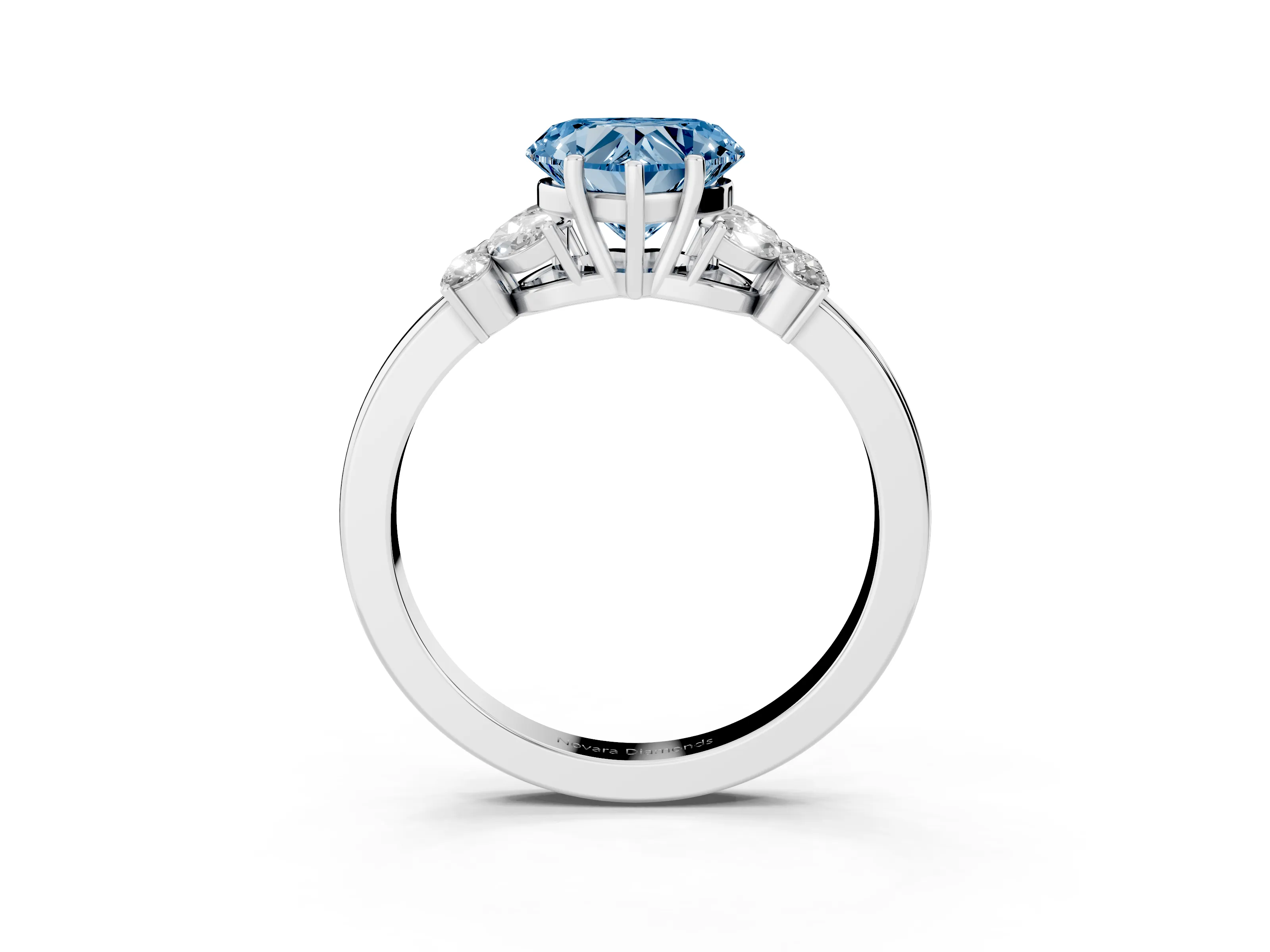 Fancy Blue Heart Cut Diamond Solitaire Floral Ring Set in Platinum with Marquise Petals and Prong Setting