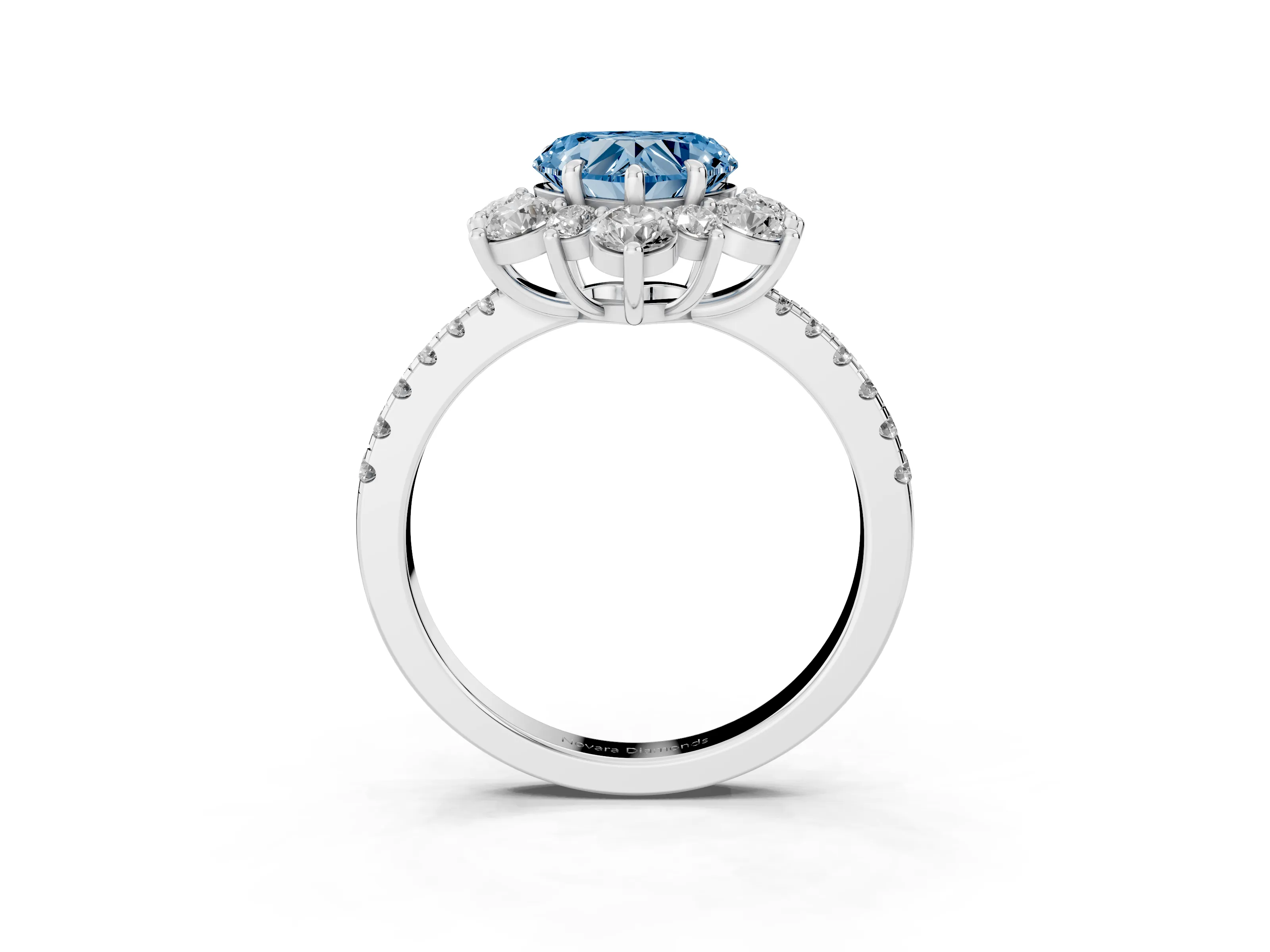 Fancy Blue Heart Cut Diamond Floral Halo Ring Set in White gold with Round Pavé Band and Prong Setting