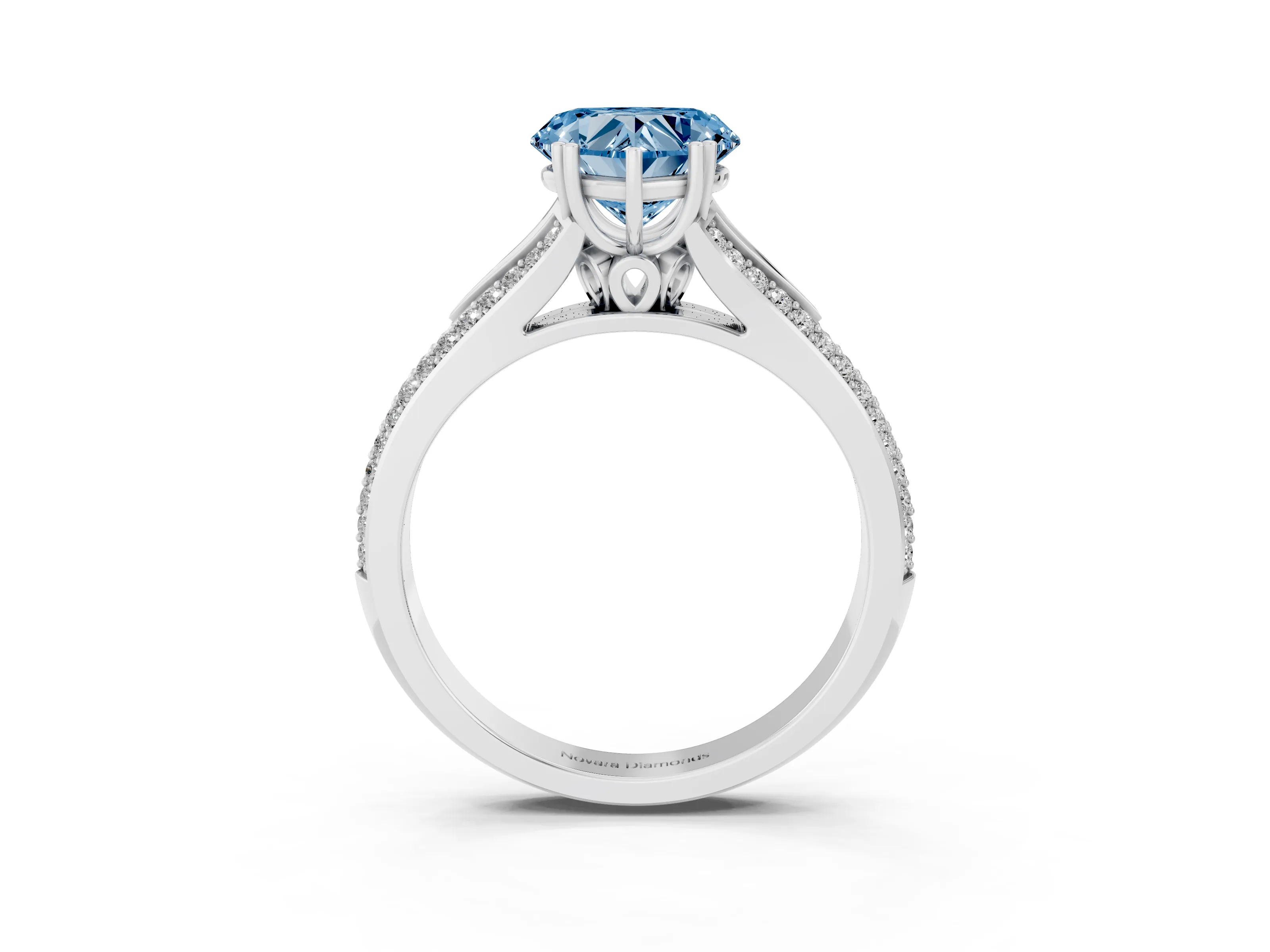Fancy Blue Heart Cut Diamond Split Shank Pavé Engagement Ring Set in White gold with Prong-Set Center Stone