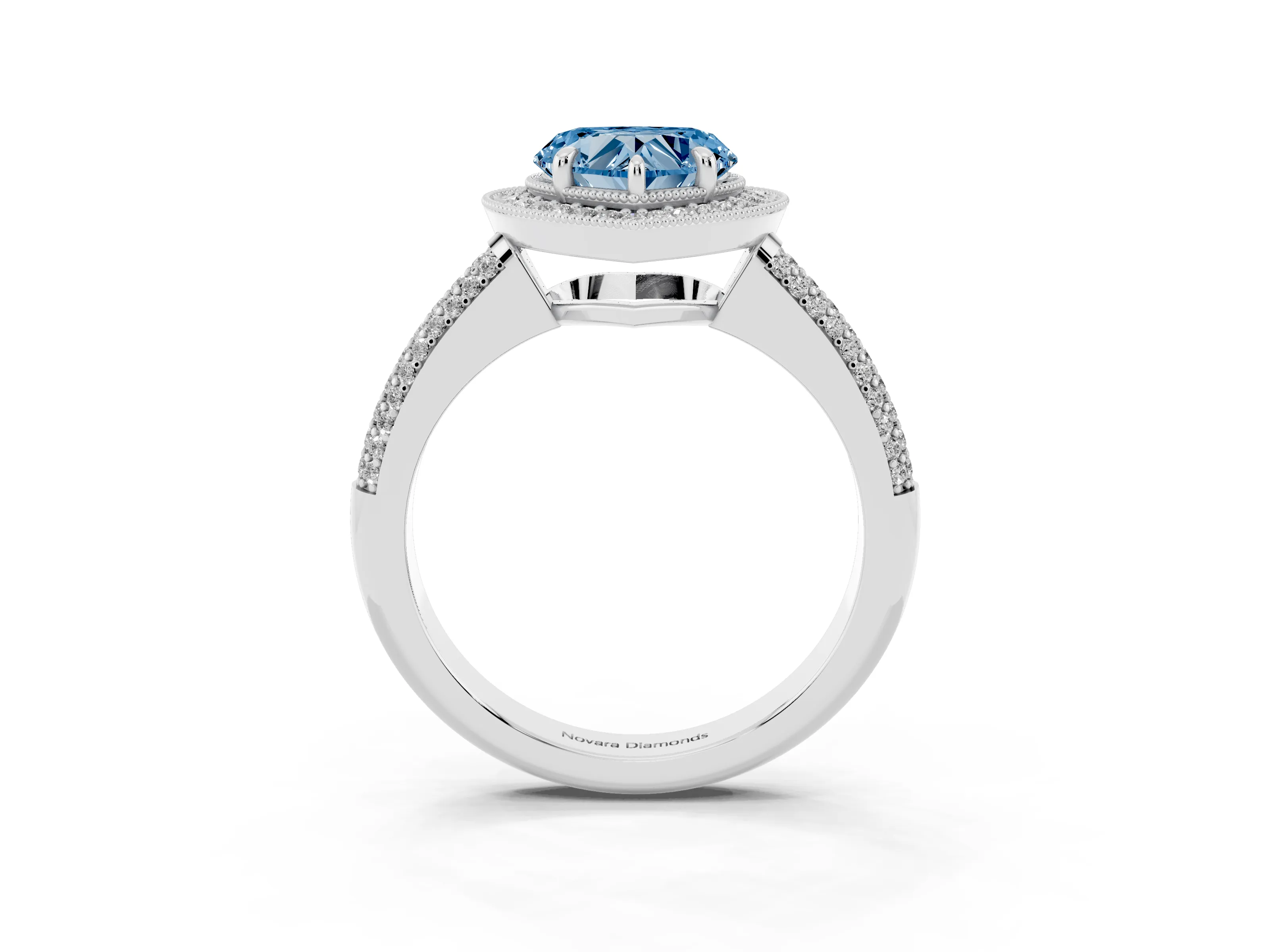 Fancy Blue Heart Cut Diamond Halo Pavé Band Set in Silver with Prong Setting