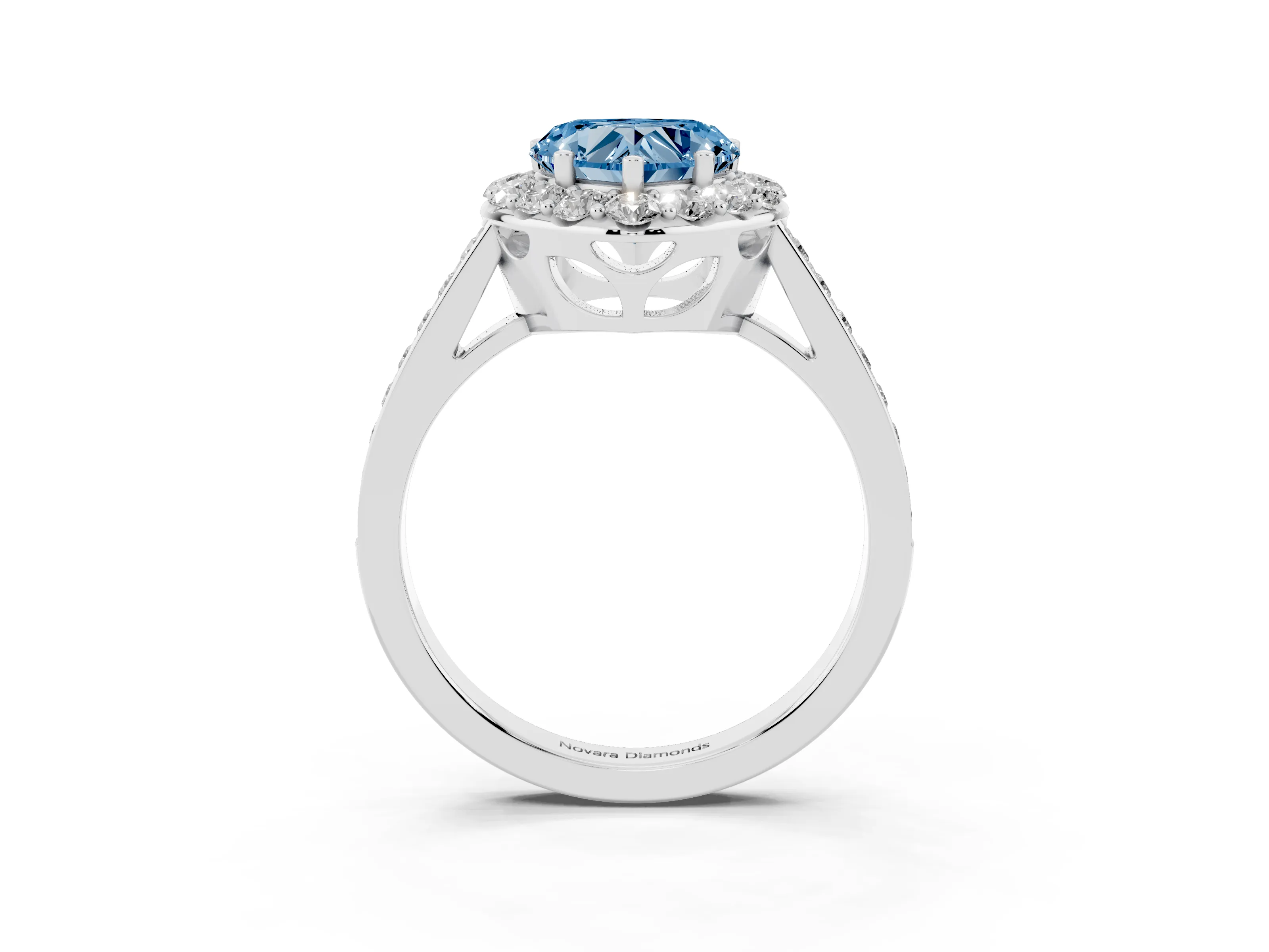 Fancy Blue Heart Cut Diamond Floral Halo Ring Set in Platinum with Pavé Band and Prong Setting