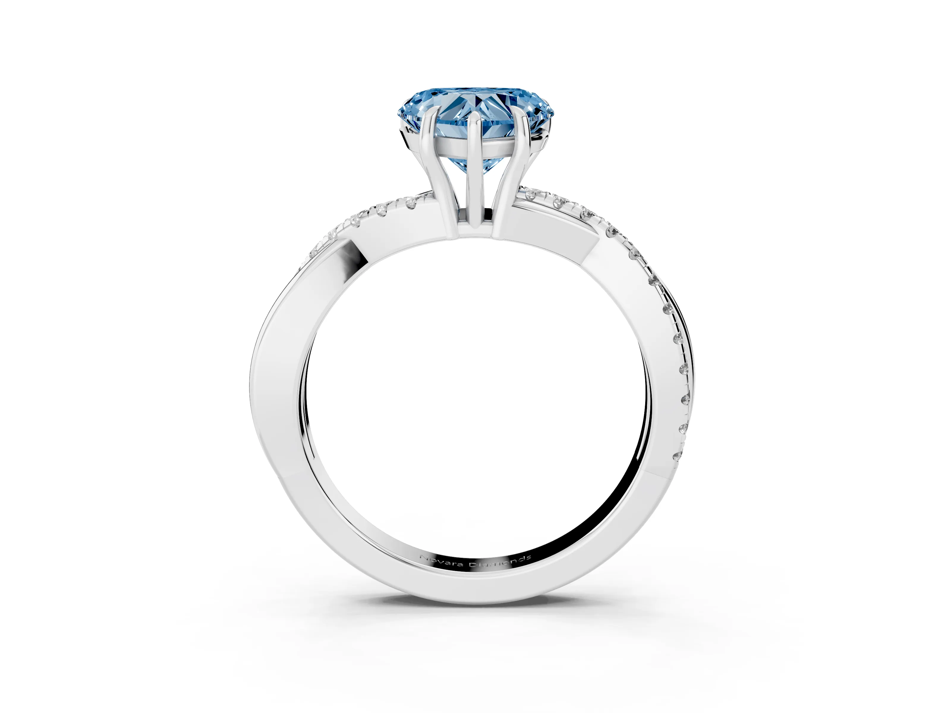 Fancy Blue Heart Cut Diamond Twisted Pavé Band Ring Set in Silver with Prong Setting