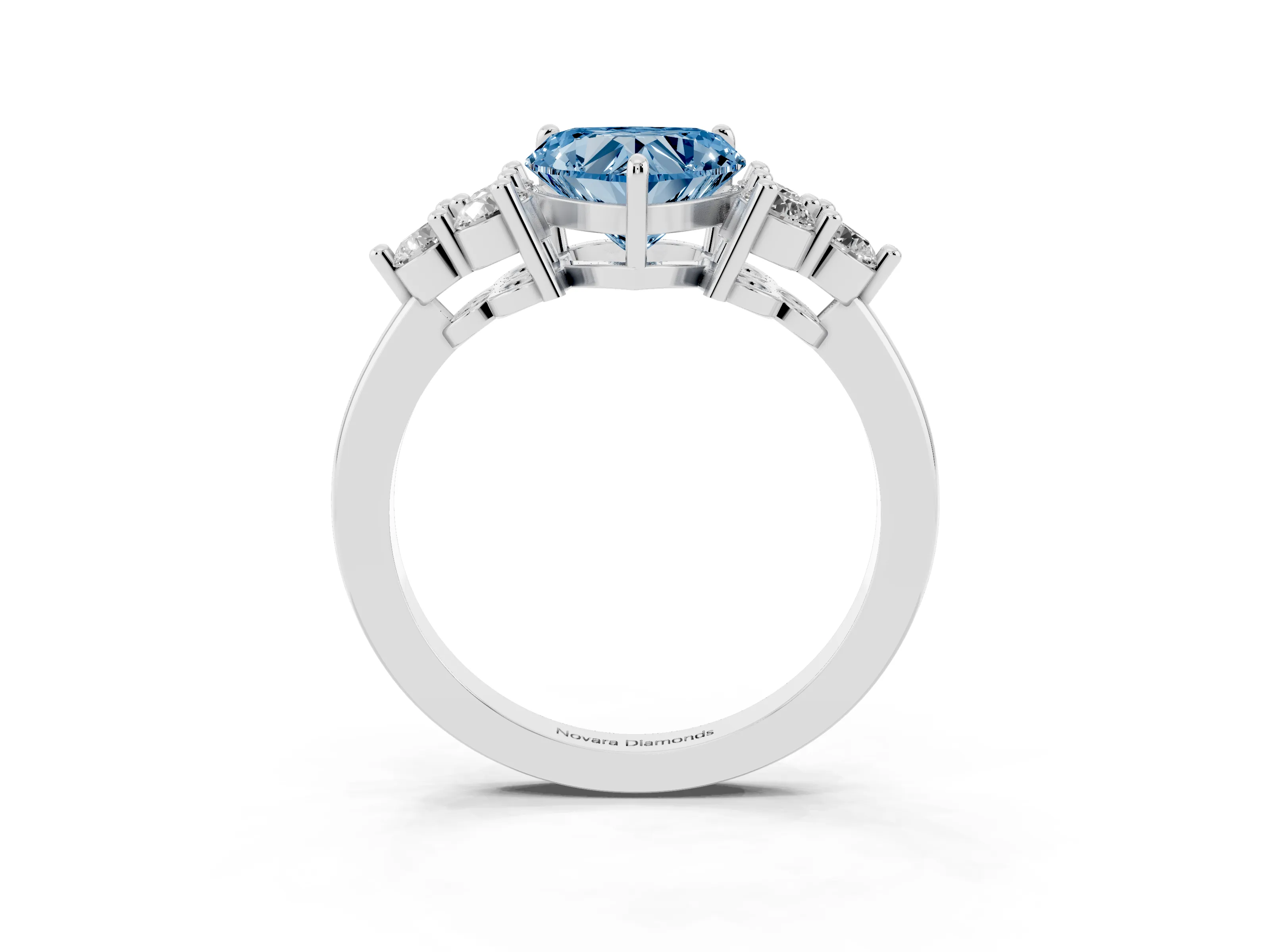 Fancy Blue Heart Cut Diamond Solitaire Ring Set in White gold with Cluster Accents on Each Side