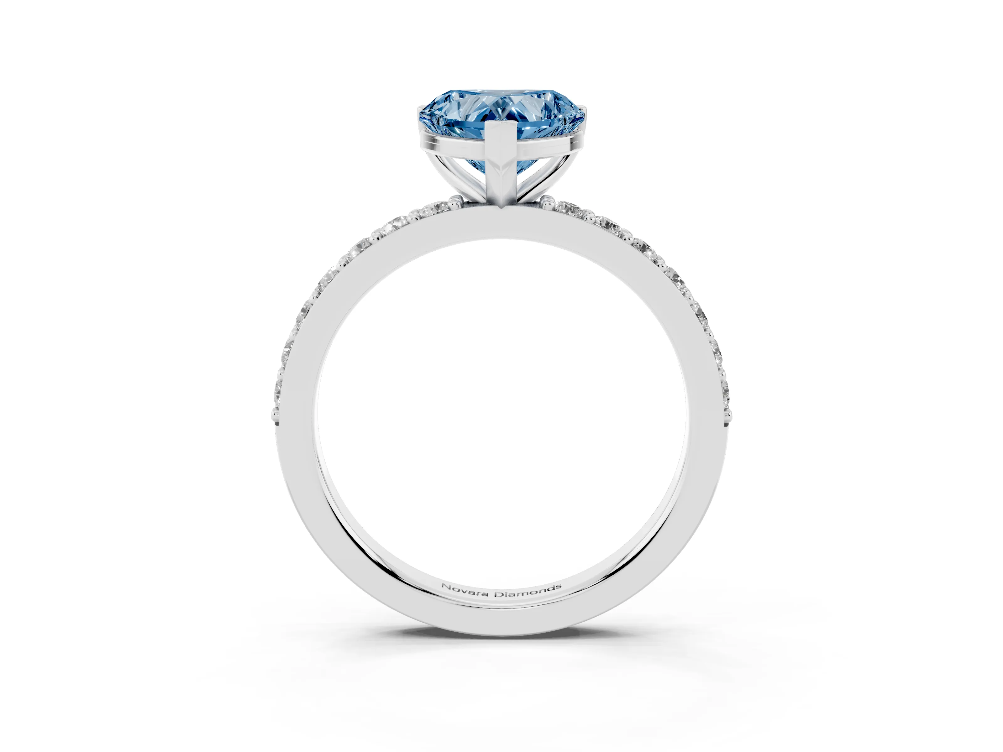 Fancy Blue Heart Cut Diamond Solitaire Set in White gold with Round Pavé Band and Prong Setting