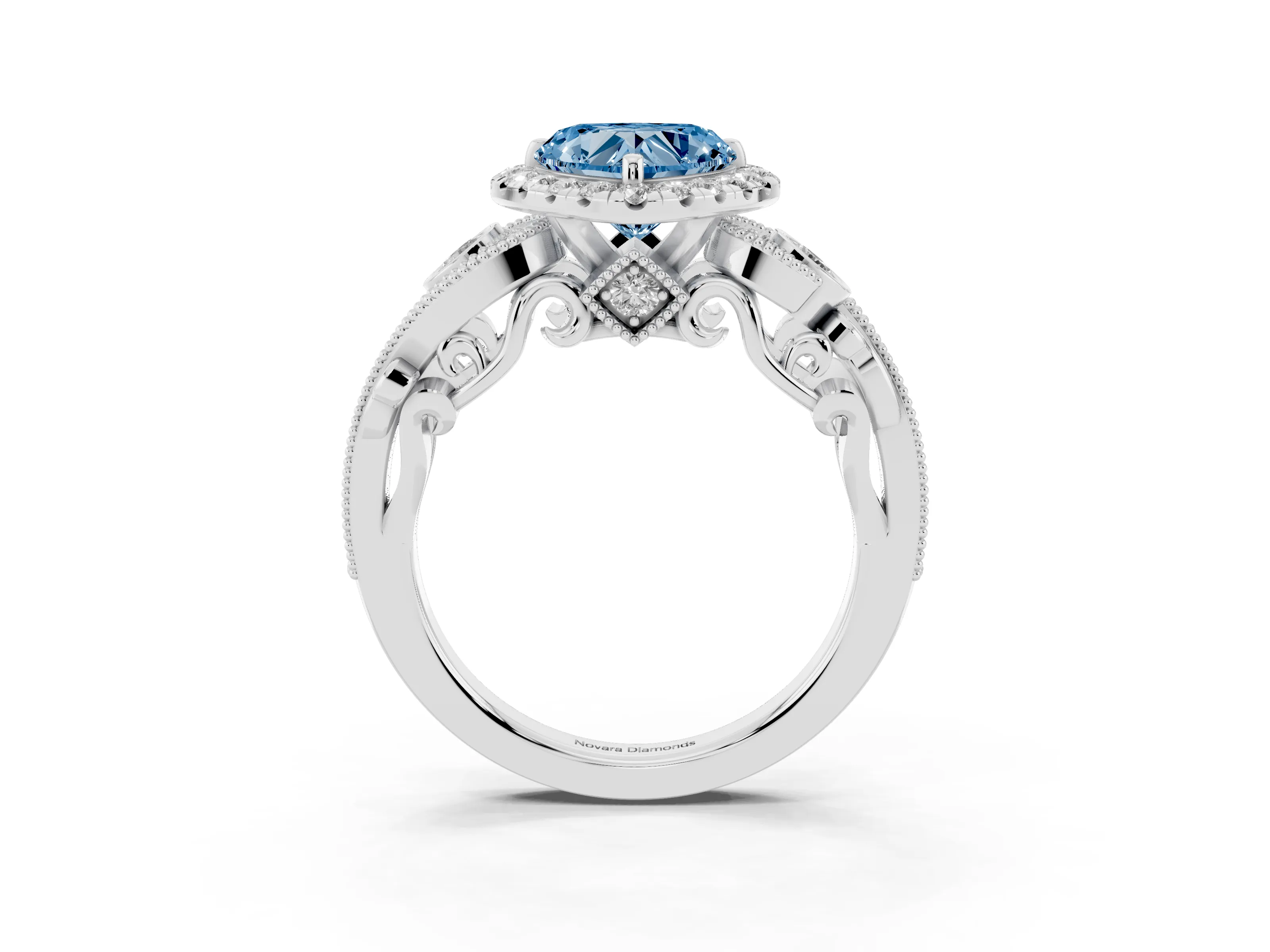 Fancy Blue Heart Cut Diamond Halo Ring Set in White gold with Milgrain Pavé Band and Prong Setting