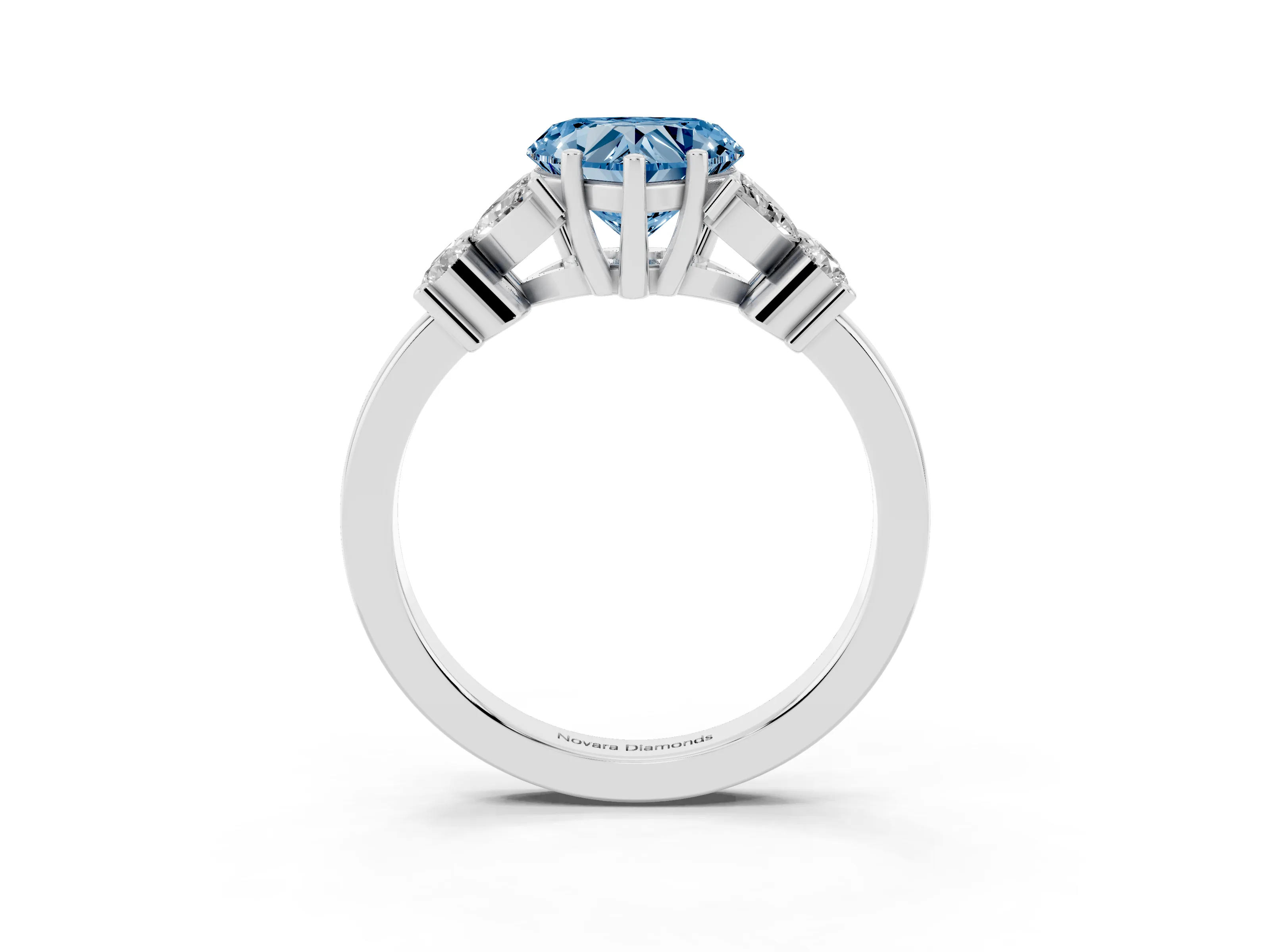 Fancy Blue Heart Cut Diamond Floral Cluster Ring Set in Silver with Marquise Petals and Prong Setting