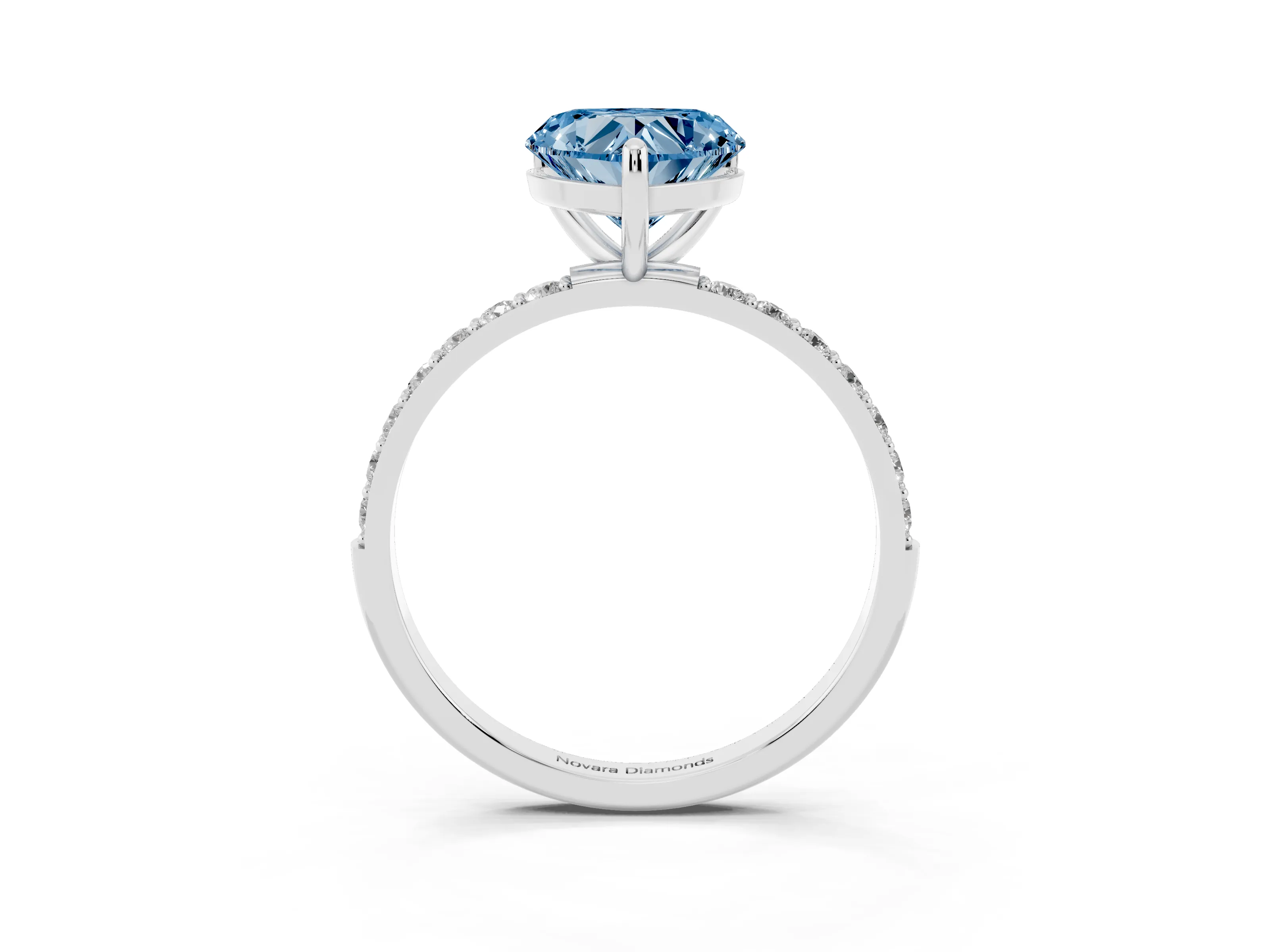 Fancy Blue Heart Cut Diamond Solitaire Ring Set in Silver with Round Pavé Band and Prong Setting