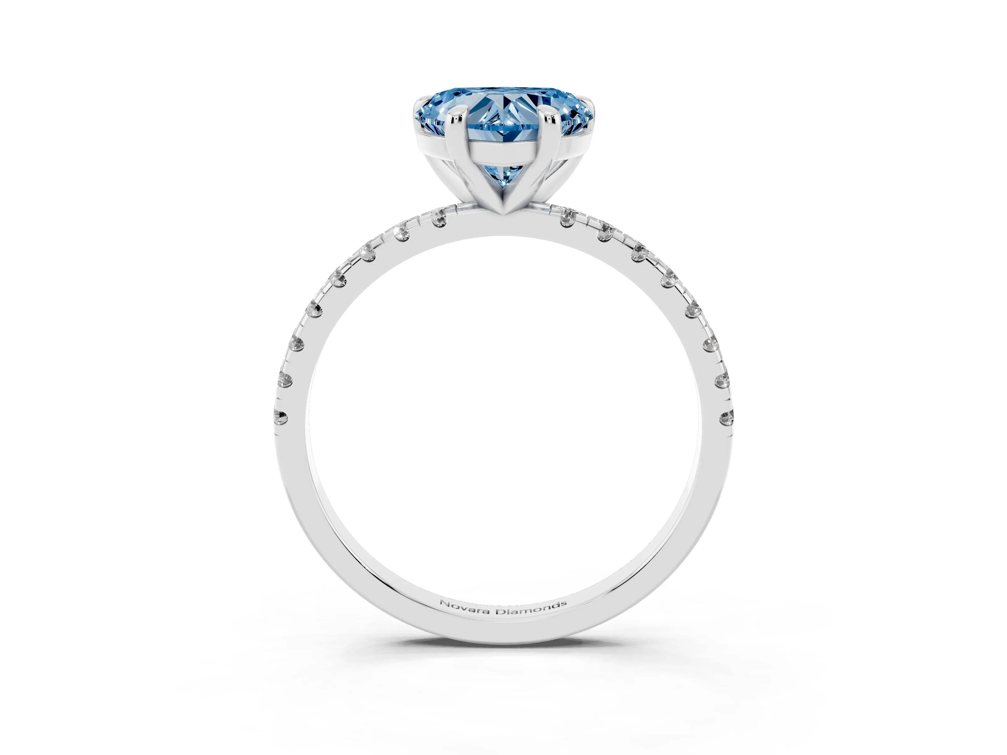 Fancy Blue Heart Cut Diamond Brilliant Solitaire Ring Set in White gold with Pavé Band and Prong Setting
