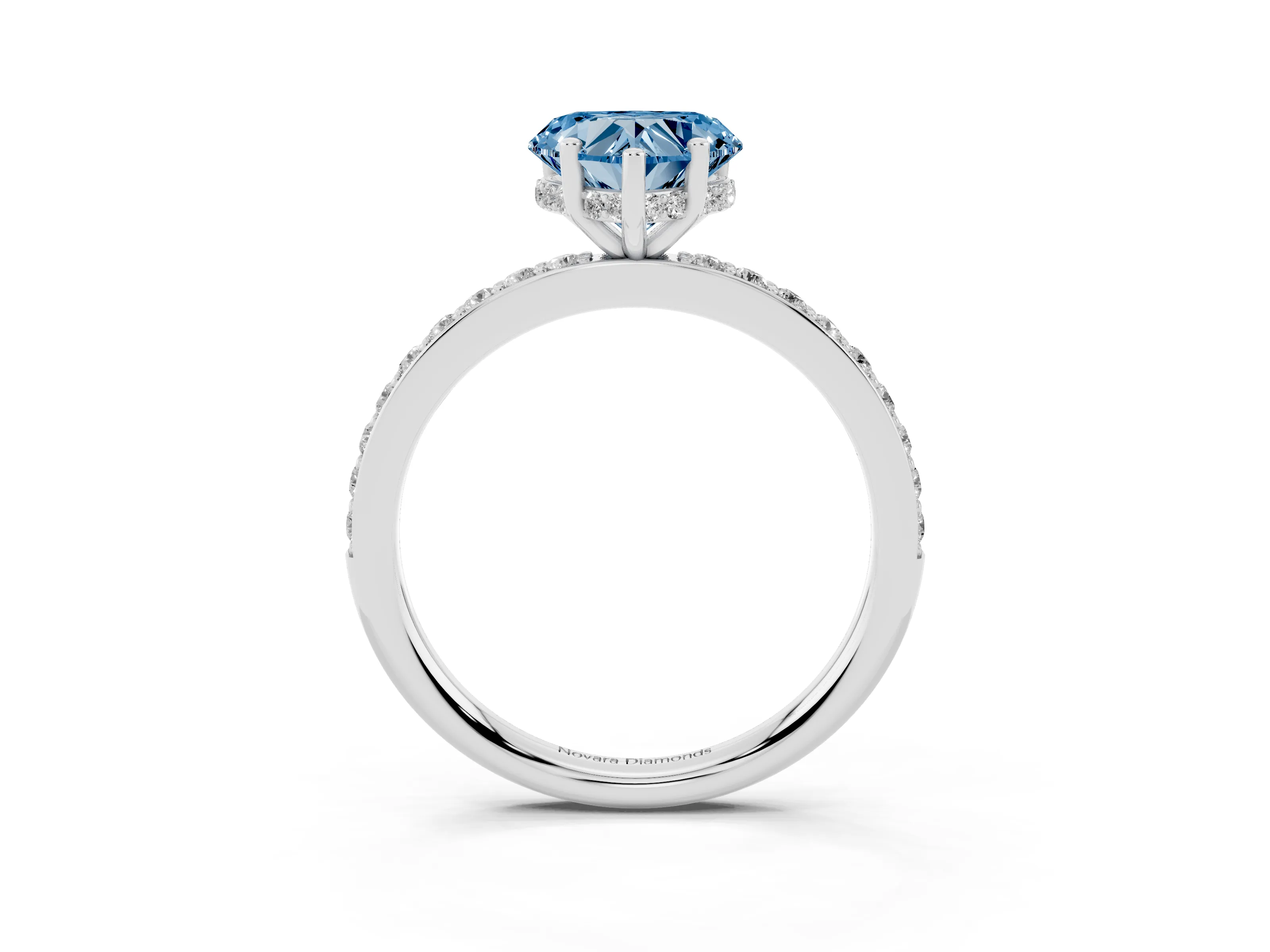 Fancy Blue Heart Cut Diamond Pavé Band Ring Set in White gold with Prong-Set Center Stone