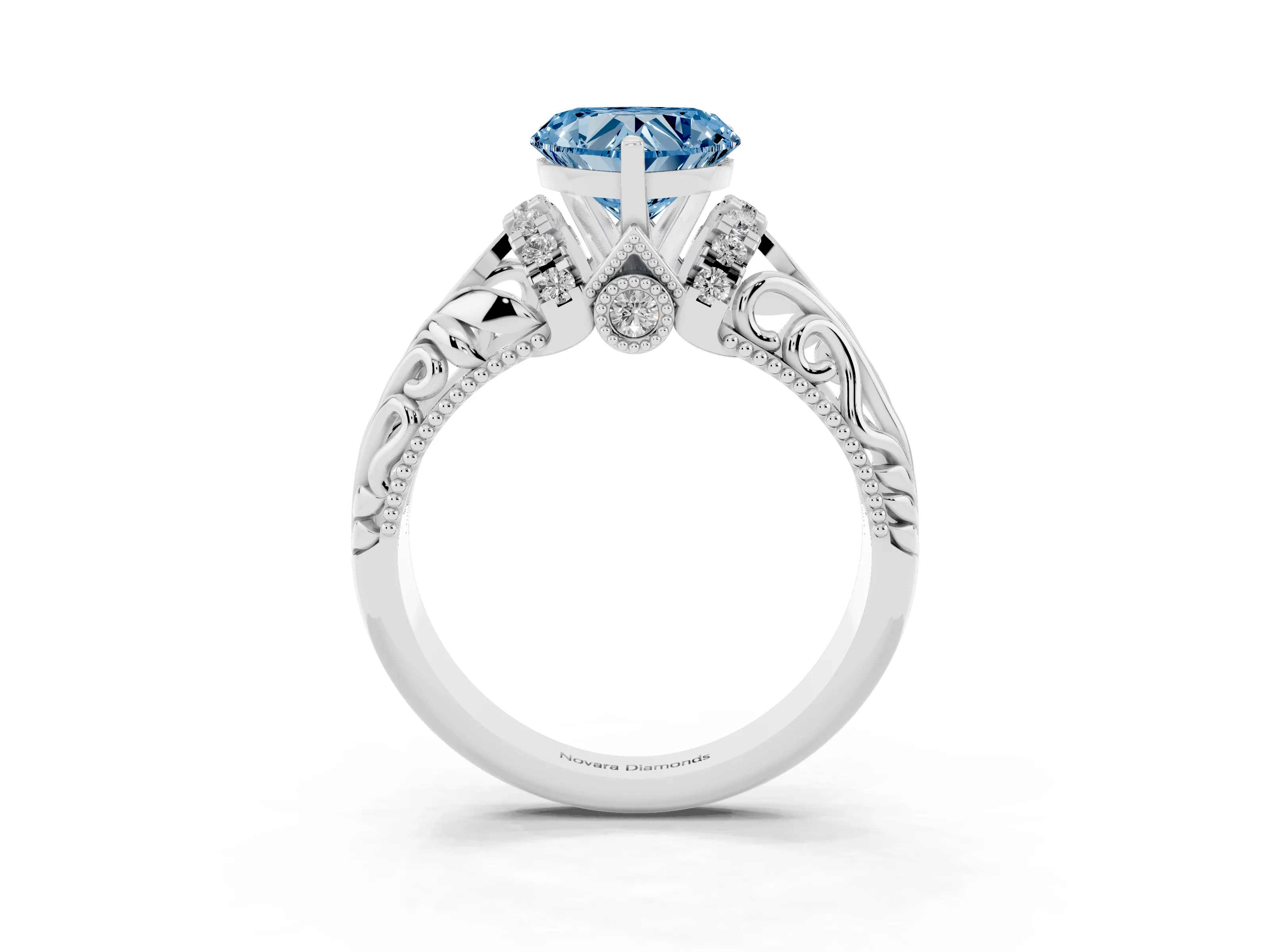 Fancy Blue Heart Cut Diamond Filigree Halo Engagement Ring Set in White gold with Prong Setting