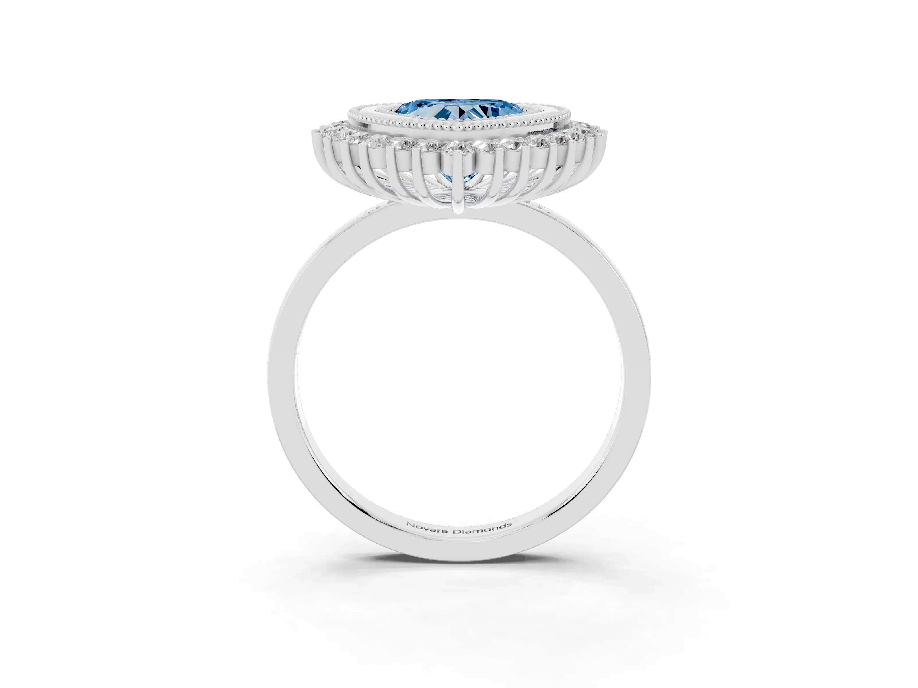 Fancy Blue Heart Cut Diamond Halo Ring Set in Platinum with Milgrain Edge and Round Prong Setting