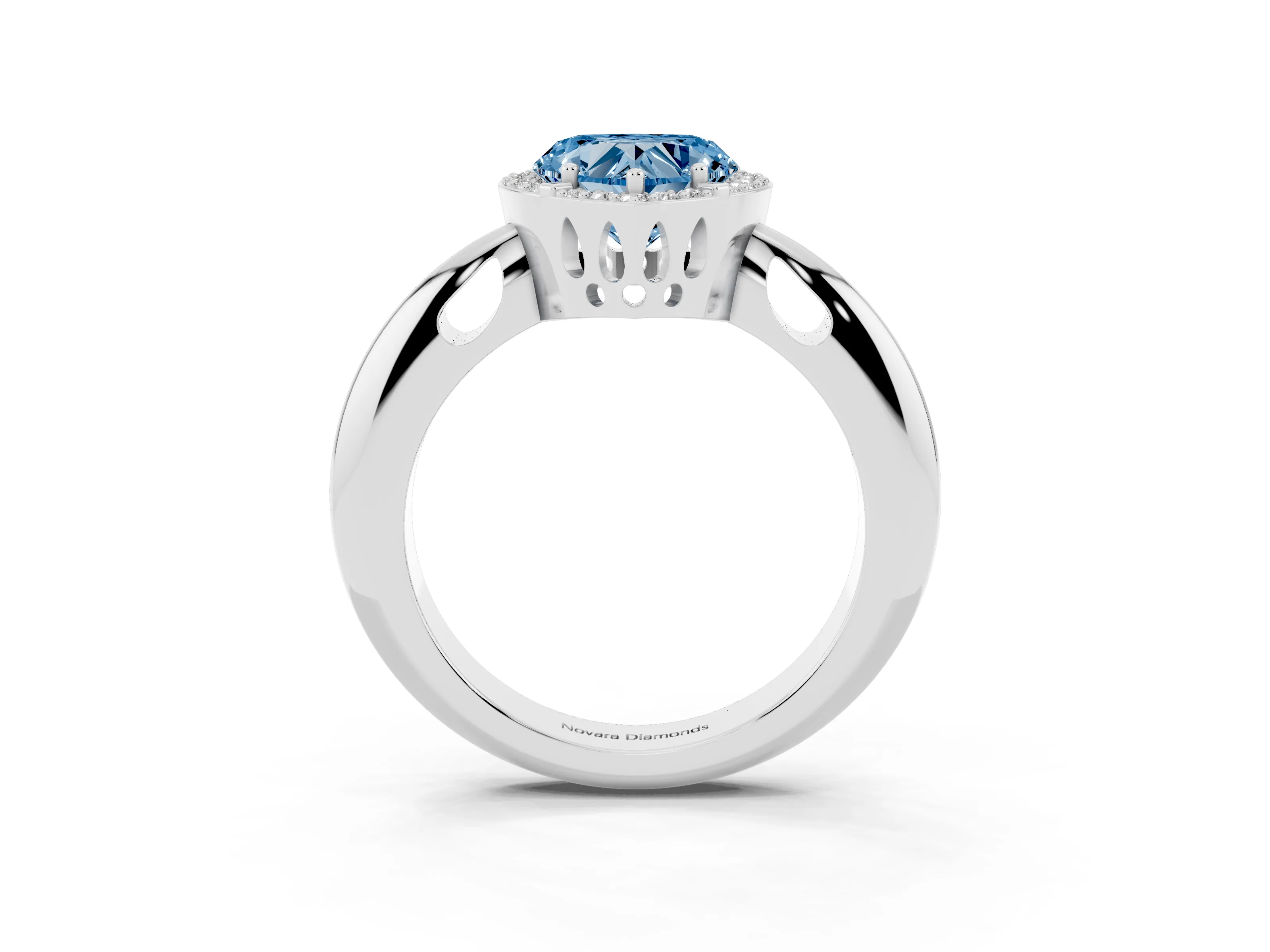 Fancy Blue Heart Cut Diamond Halo Engagement Ring Set in Platinum with Plain Split Shank and Prong Setting