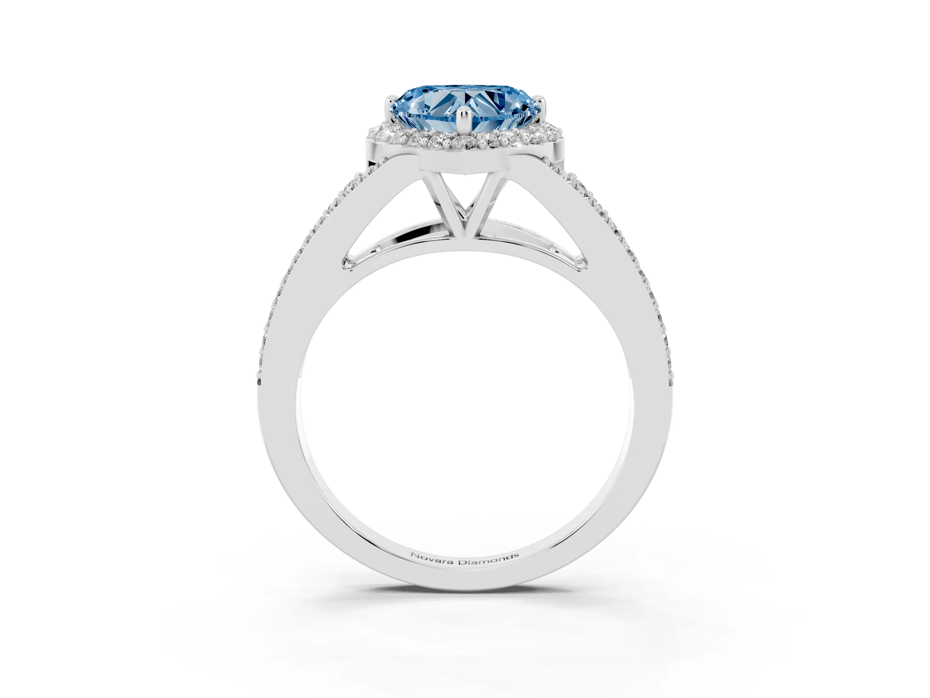 Fancy Blue Heart Cut Diamond Halo Split Shank Pavé Ring Set in White gold with Prong Setting