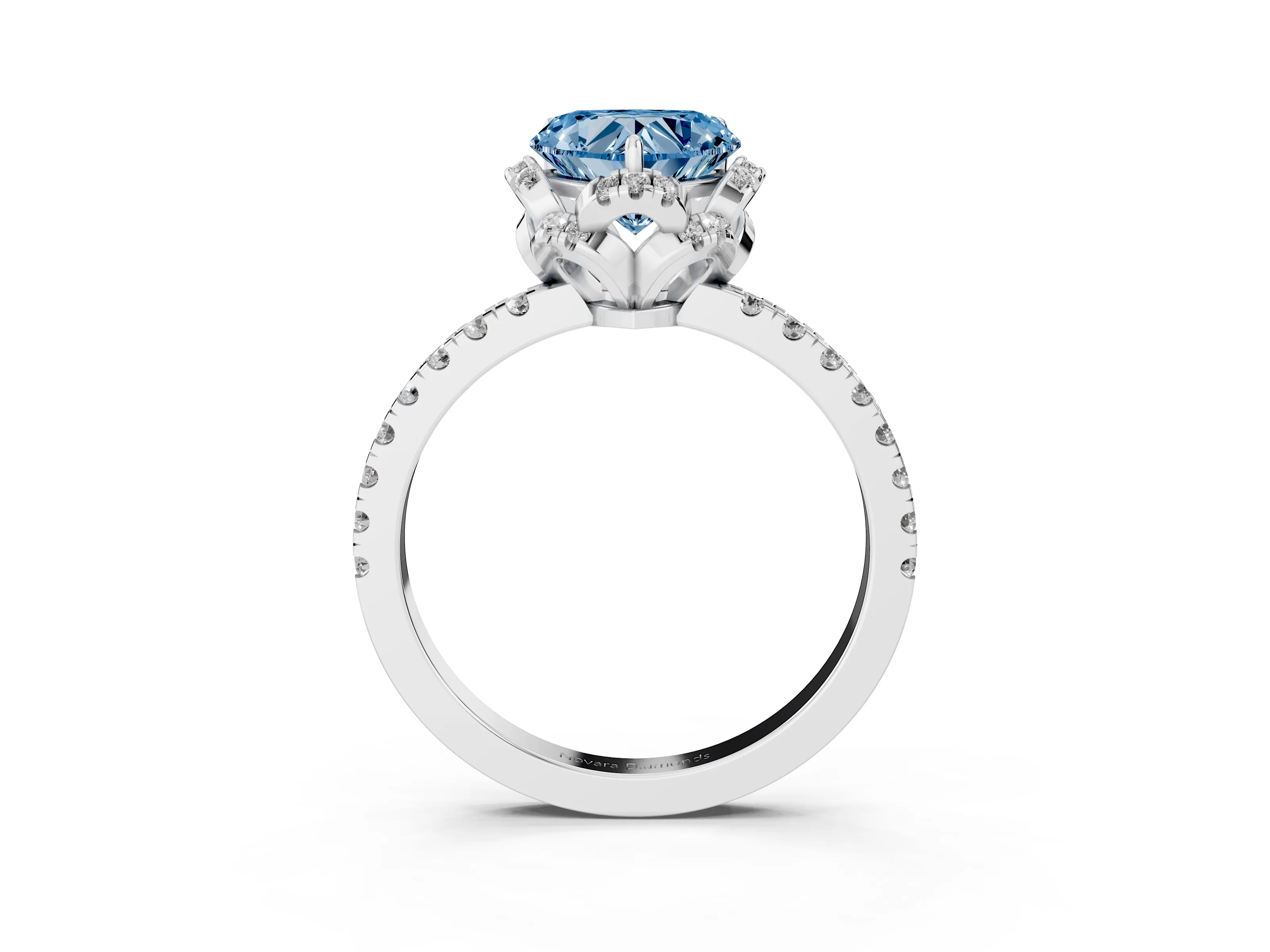 Fancy Blue Heart Cut Diamond Halo Pavé Band Ring Set in White gold with Prong-Held Center