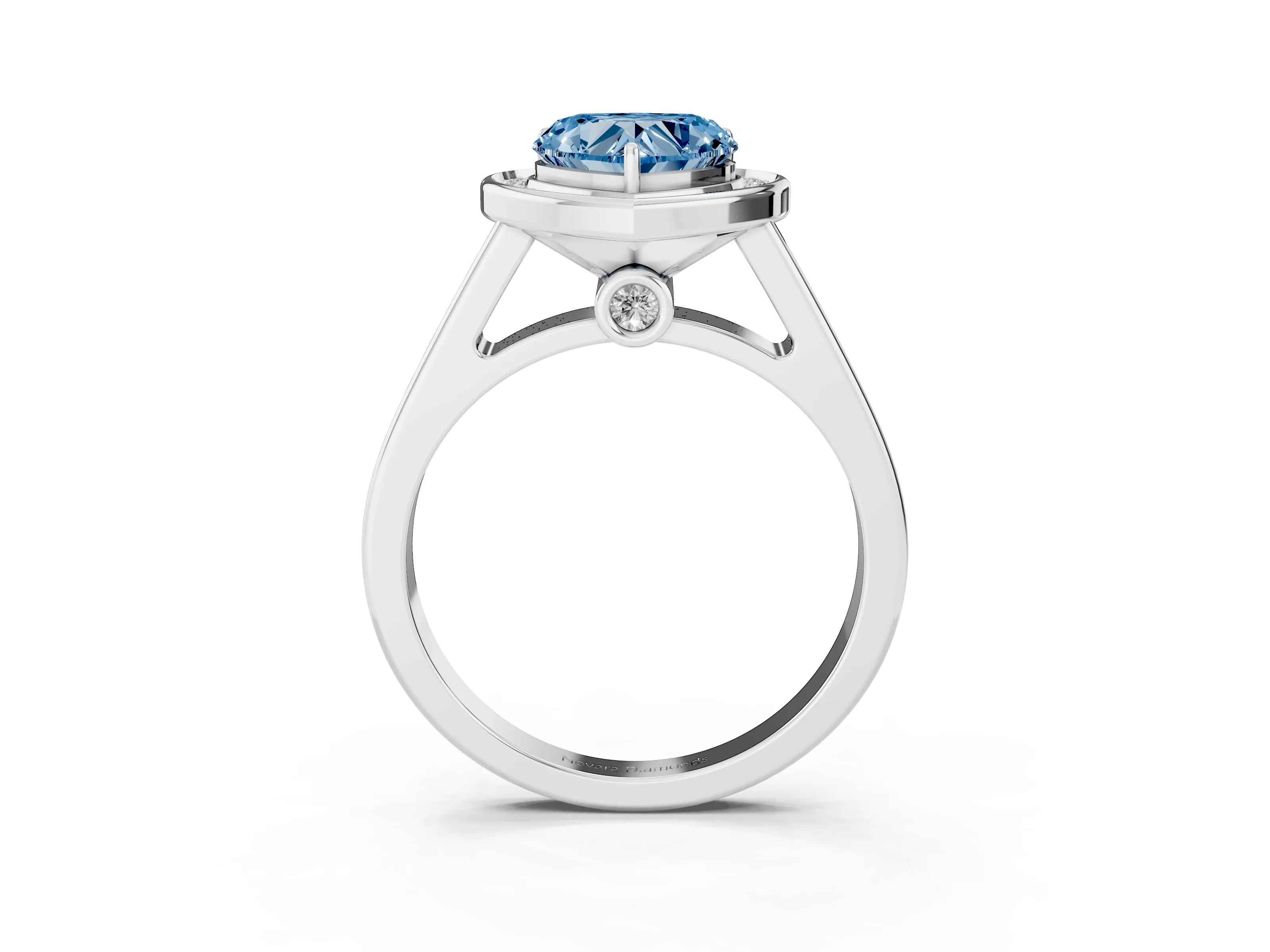 Fancy Blue Heart Cut Diamond Halo Solitaire Ring Set in Platinum with Pavé Band and Bezel Setting