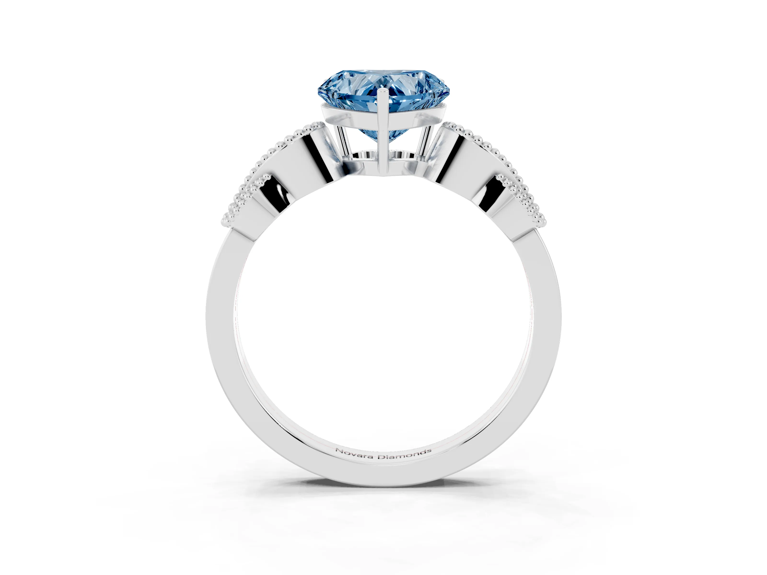 Fancy Blue Heart Cut Diamond Milgrain Leaf Band Solitaire Ring Set in White gold with Accent Stones and Prong Setting