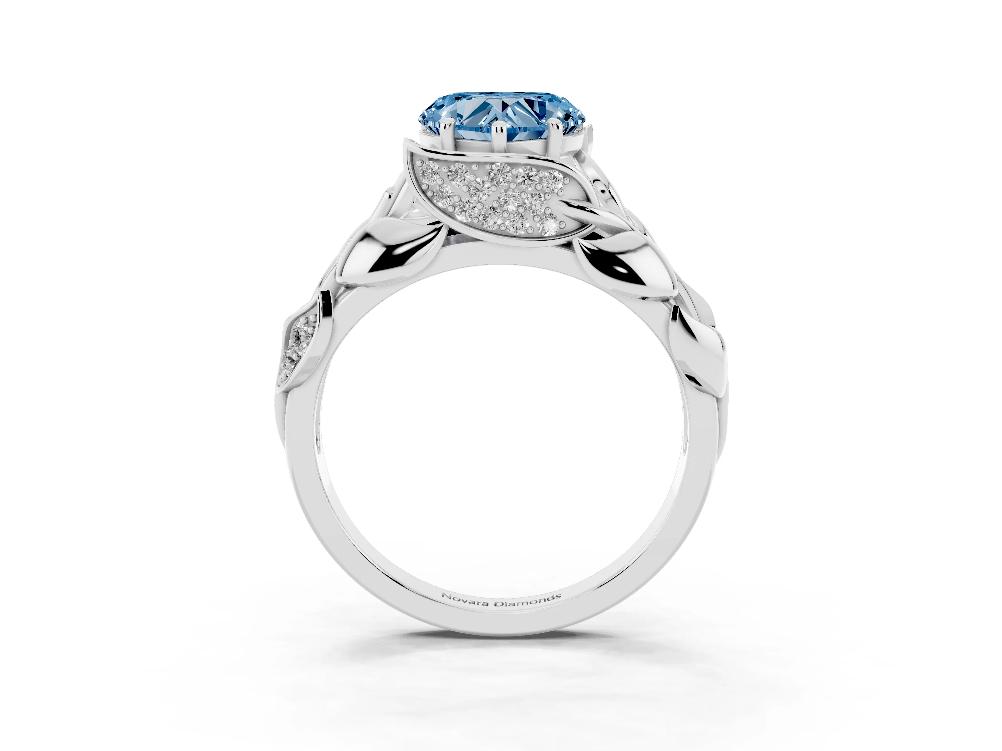 Fancy Blue Heart Cut Diamond Leaf-Inspired Engagement Ring Set in Silver with Round Accents