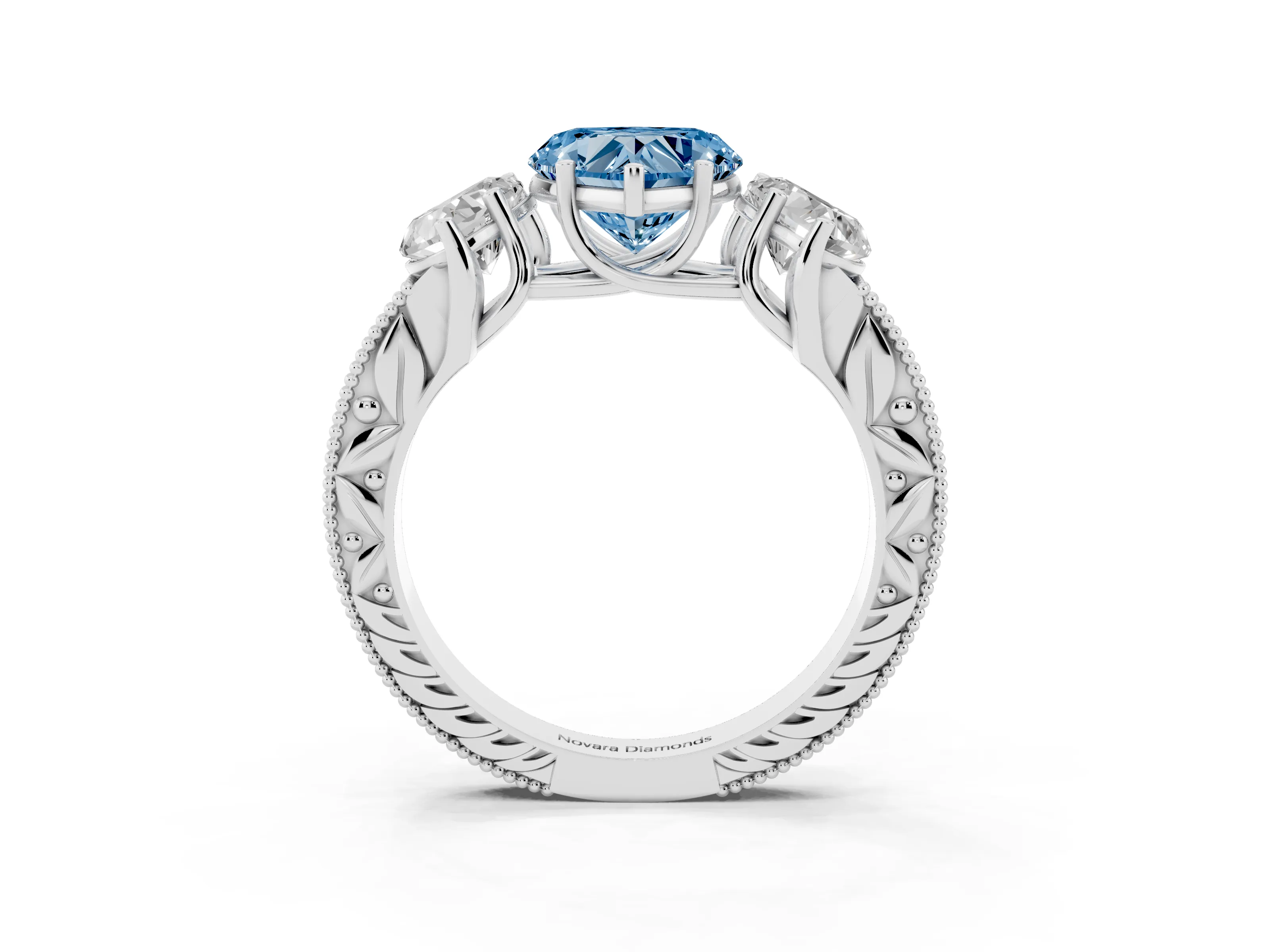 Fancy Blue Heart Cut Diamond Three-Stone Engagement Ring Set in Platinum with Milgrain Pavé Band