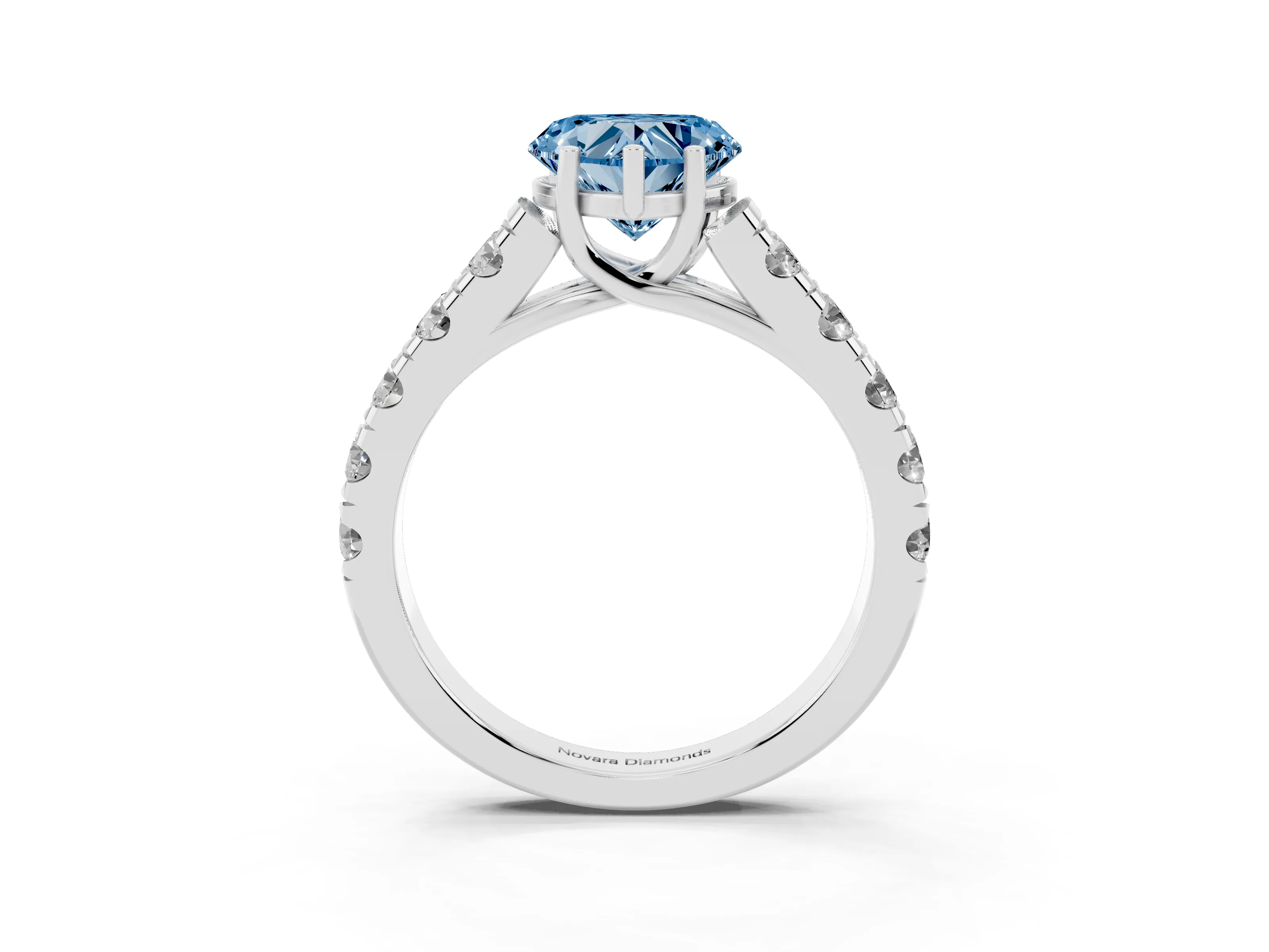 Fancy Blue Heart Cut Diamond Solitaire Ring Set in White gold with Cut-Down Micro Pavé Band and Prong Setting