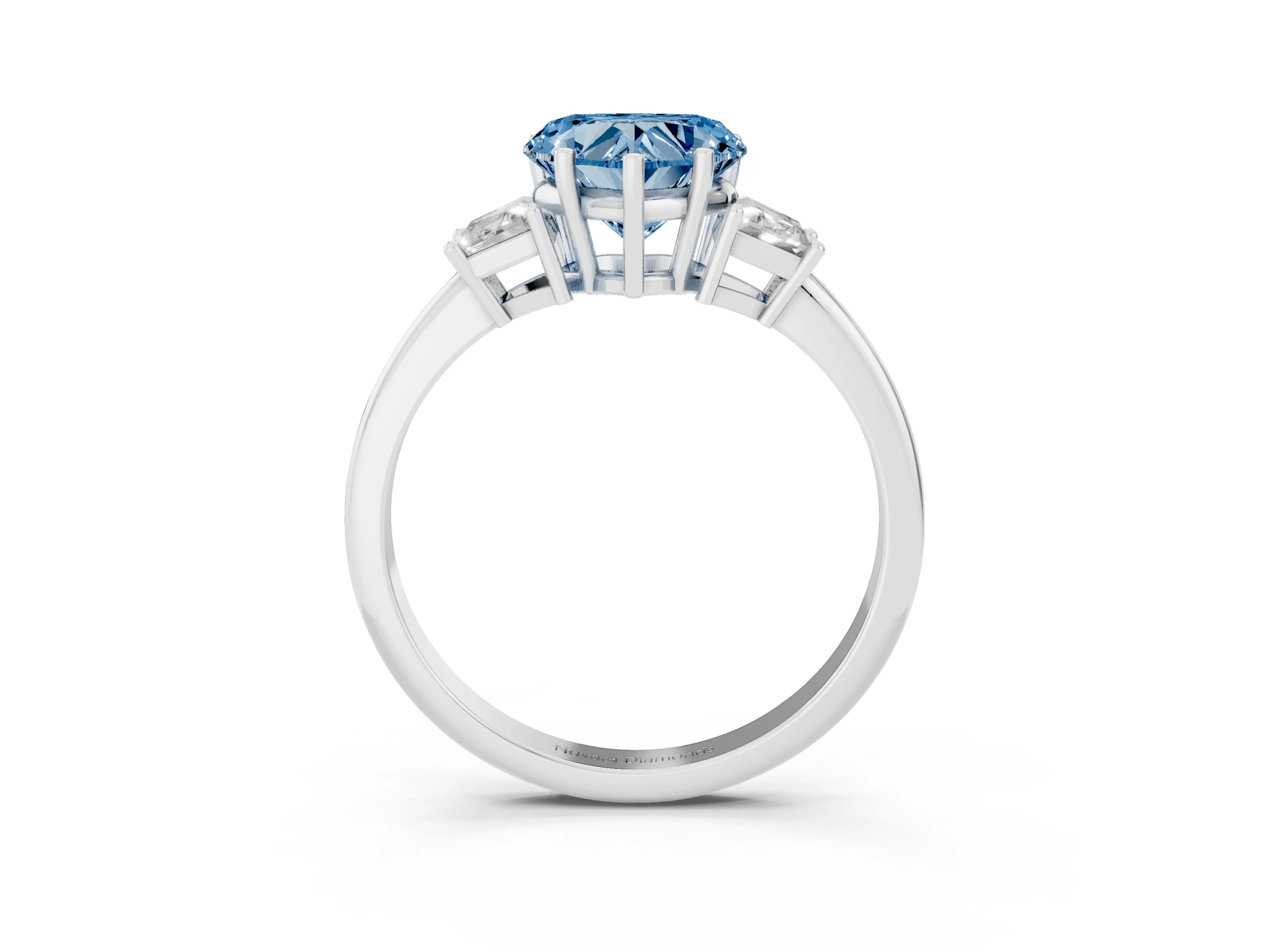 Fancy Blue Heart Cut Diamond Three-Stone Ring Set in Silver with Trapezoid Side Stones and Prong Setting