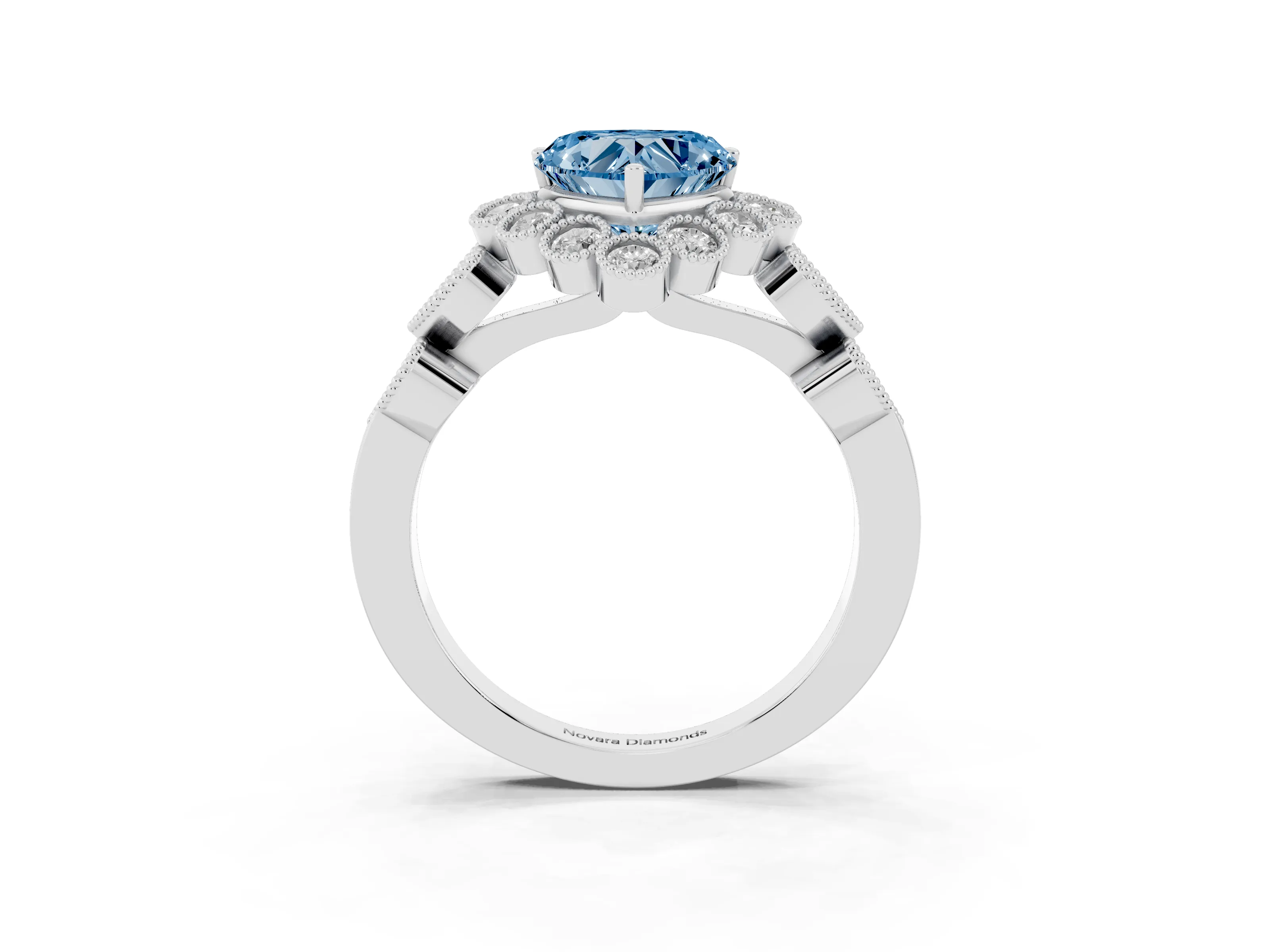 Fancy Blue Heart Cut Diamond Solitaire Ring Set in Platinum with Milgrain Pavé Heart Band