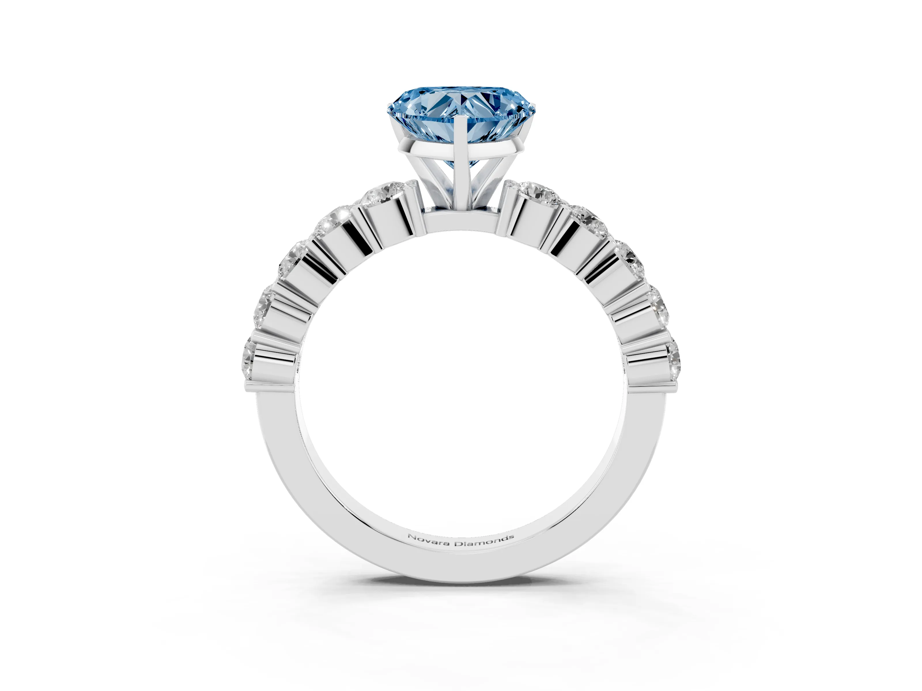 Fancy Blue Heart Cut Diamond Solitaire Ring Set in White gold with Shared Prong Round Side Stones