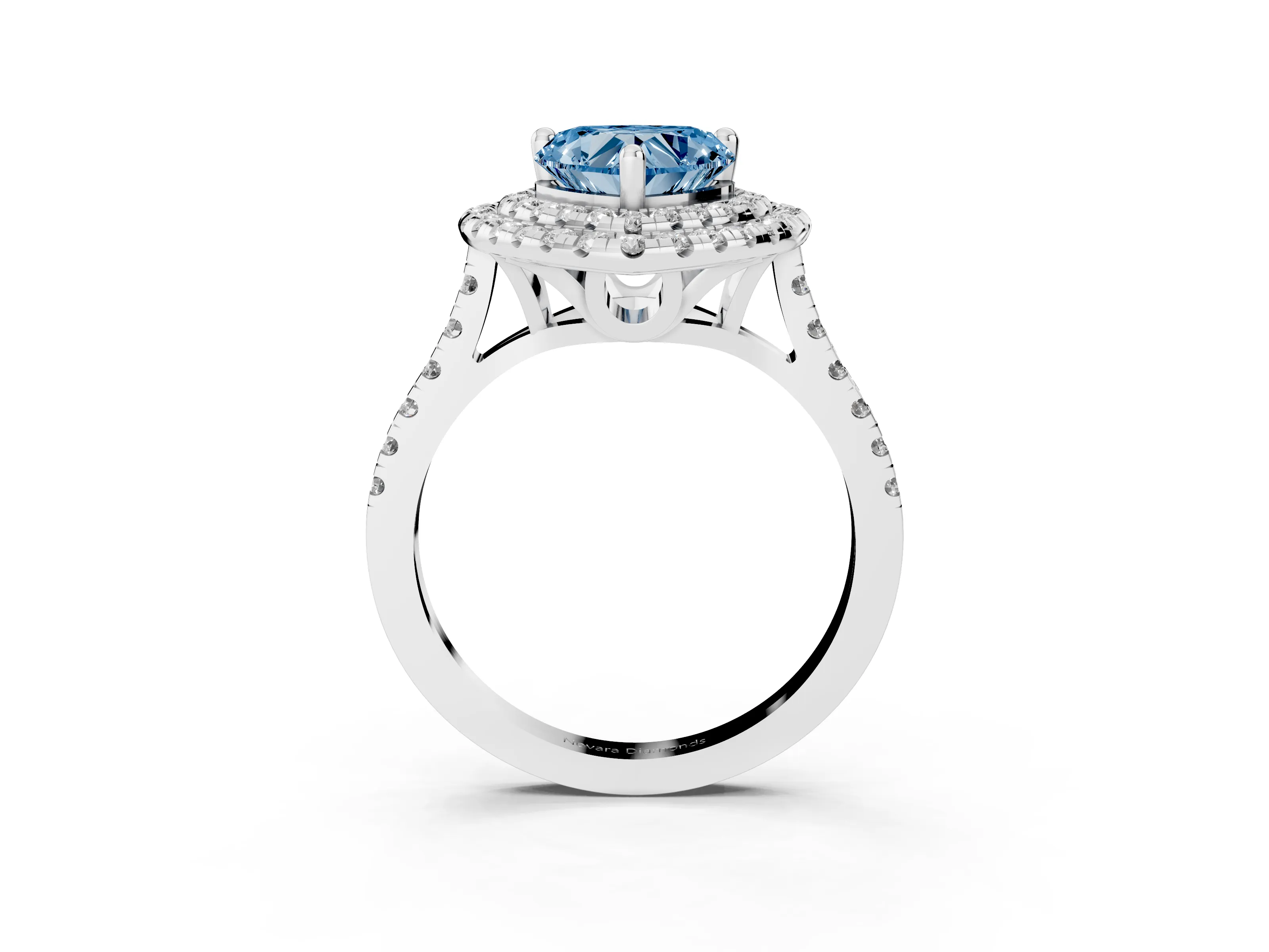 Fancy Blue Heart Cut Diamond Double Halo Statement Ring Set in Silver with Pavé Band