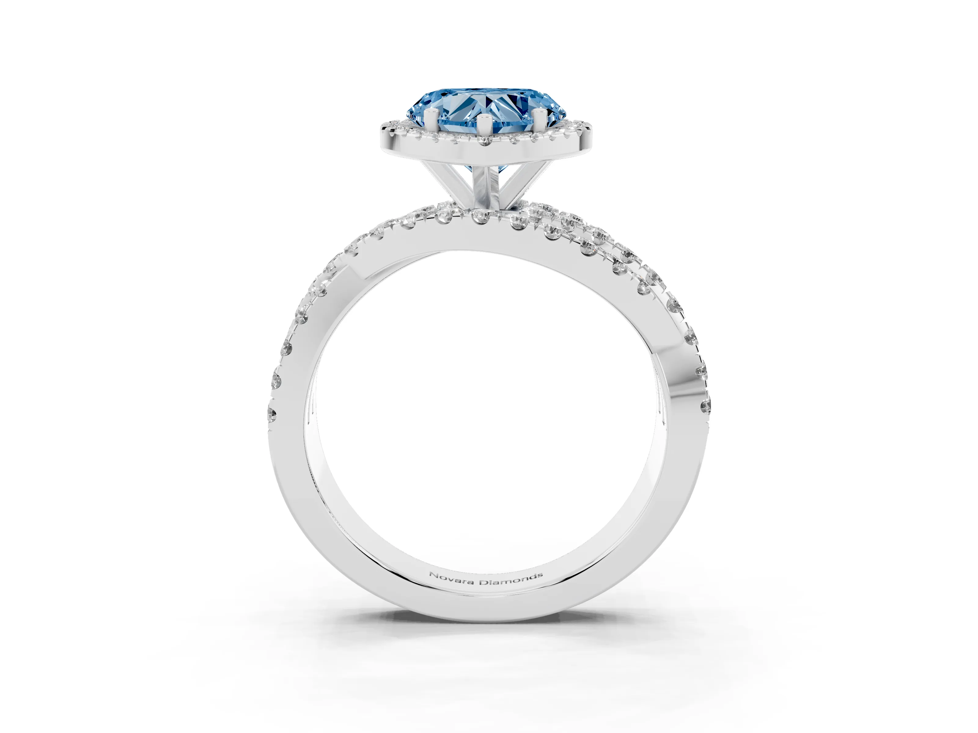 Fancy Blue Heart Cut Diamond Halo Ring Set in Silver with Round Crossover Split Shank and Prong Setting