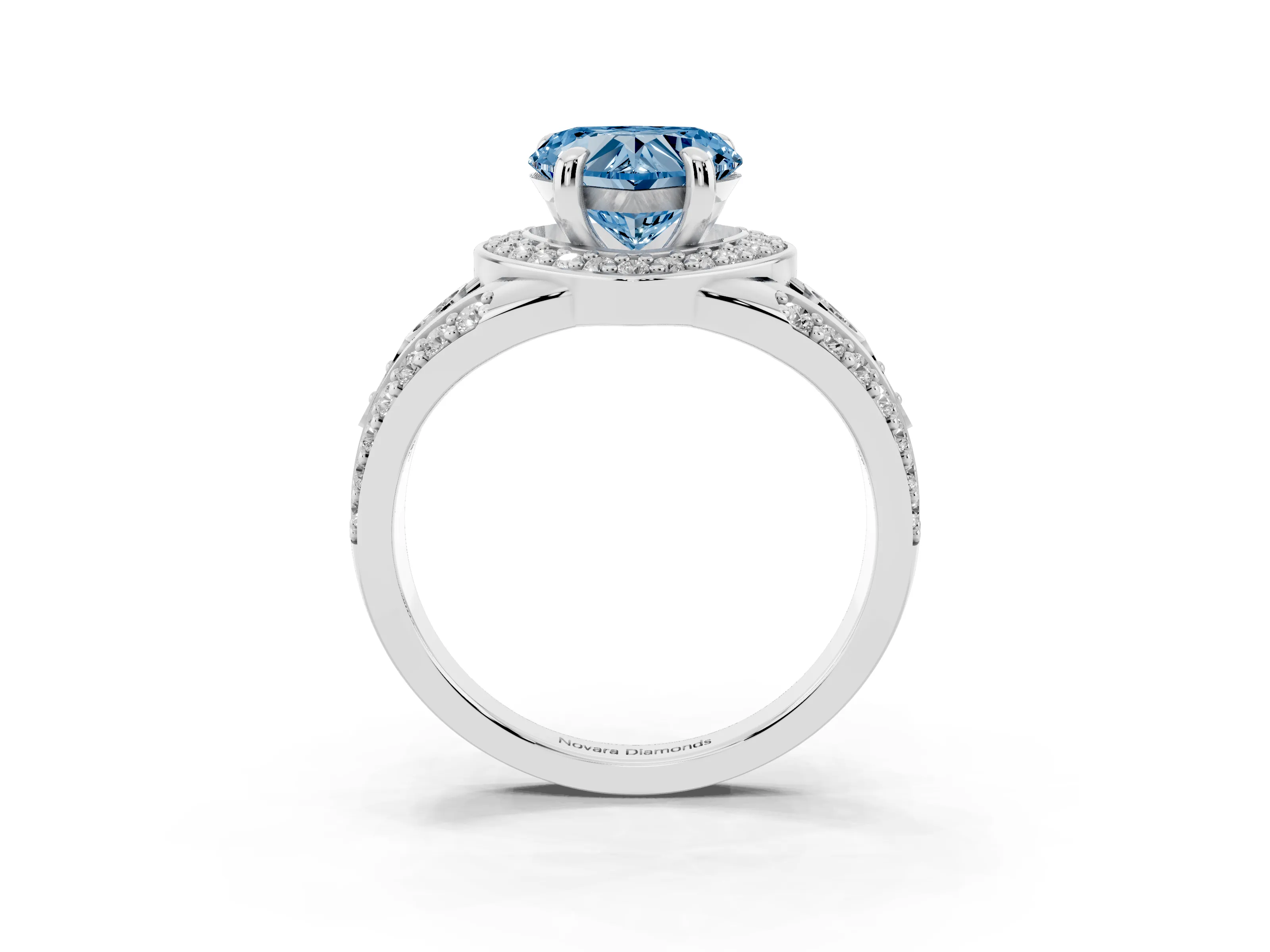 Fancy Blue Heart Cut Diamond Halo Ring Set in Silver with Pavé Split Shank and Bezel Accents