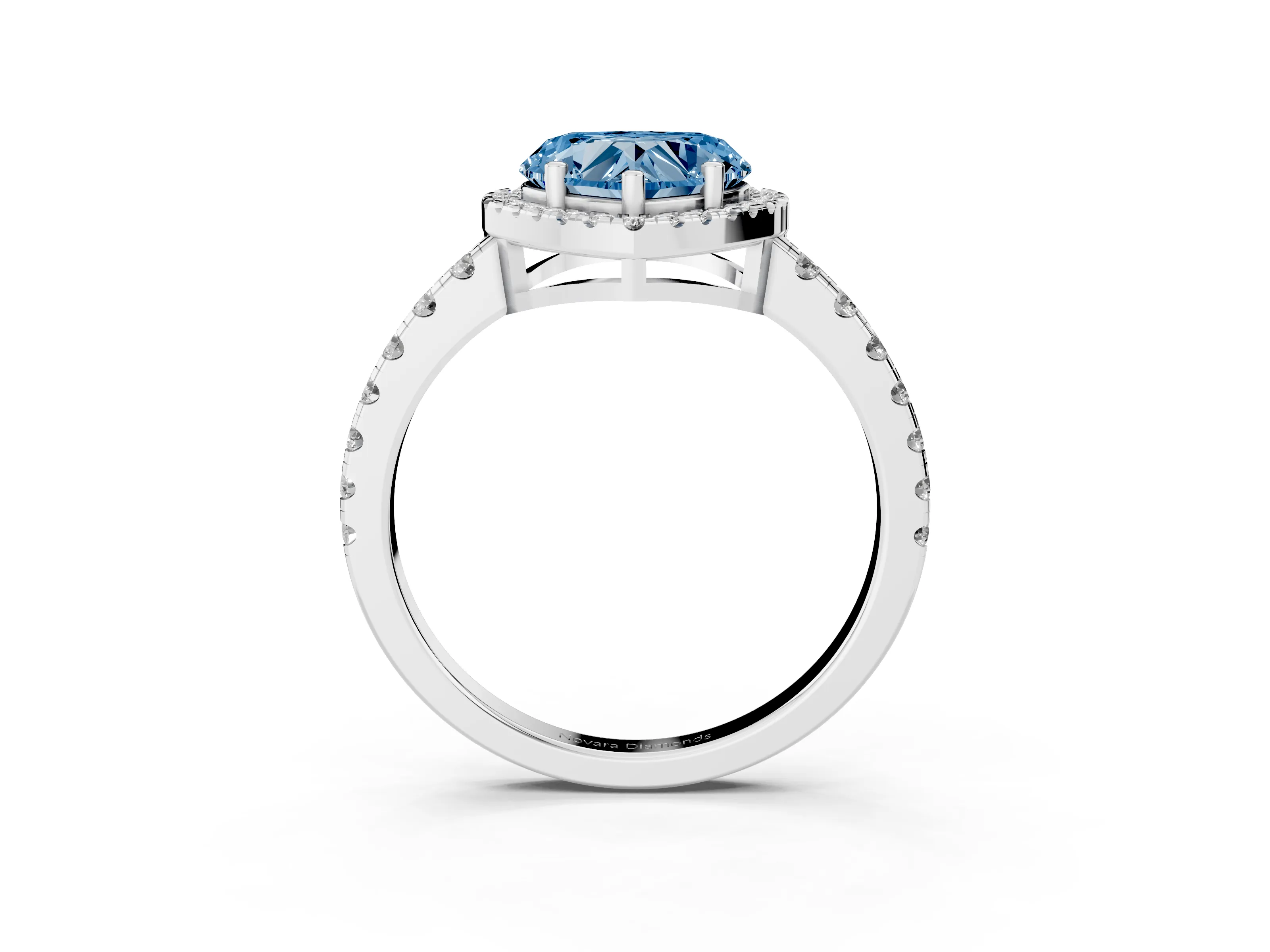 Fancy Blue Heart Cut Diamond Halo Ring Set in Silver with Delicate Pavé Band and Prong Setting