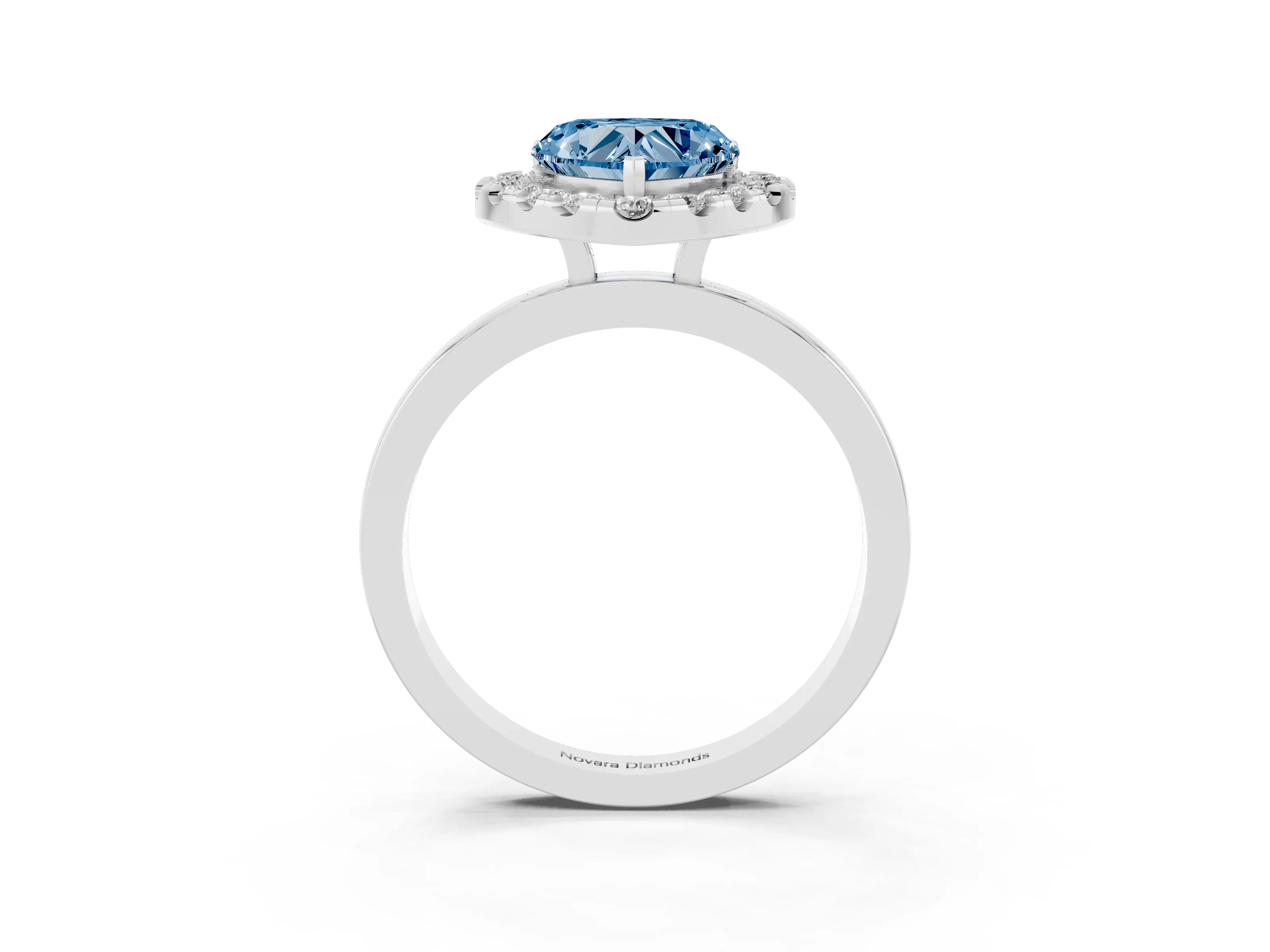 Fancy Blue Heart Cut Diamond Halo Solitaire Ring Set in White gold with Pavé Band and Prong Setting